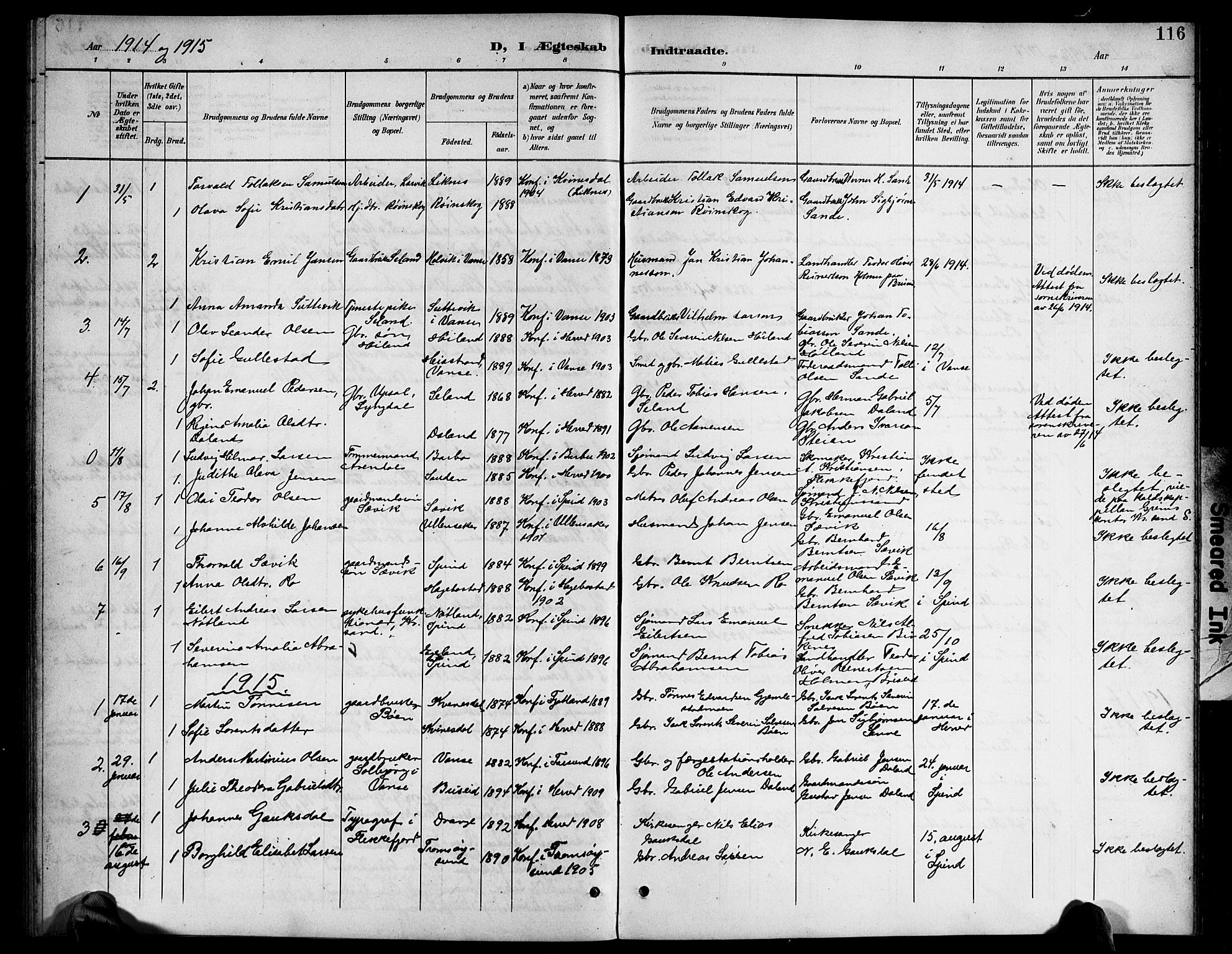 Herad sokneprestkontor, AV/SAK-1111-0018/F/Fb/Fba/L0005: Parish register (copy) no. B 5, 1899-1921, p. 116