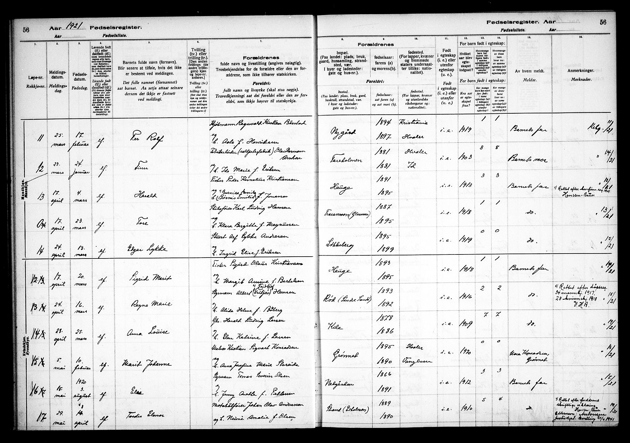 Hvaler prestekontor Kirkebøker, AV/SAO-A-2001/J/Ja/L0001: Birth register no. I 1, 1916-1938, p. 56