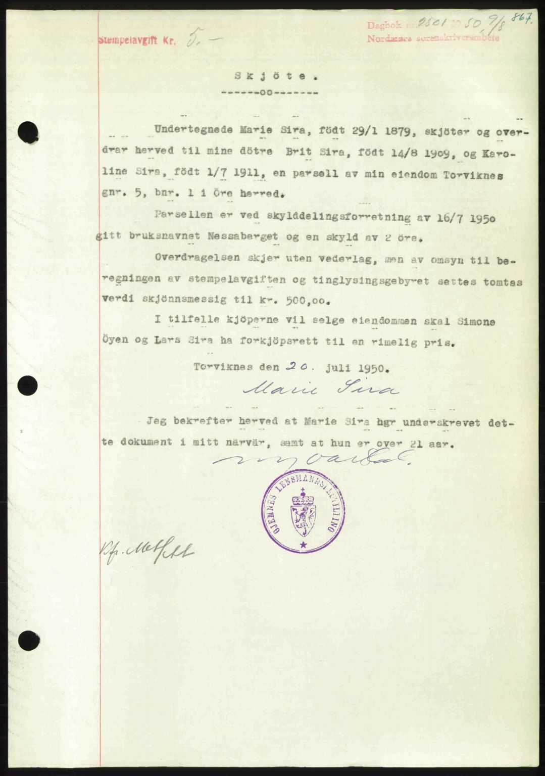 Nordmøre sorenskriveri, AV/SAT-A-4132/1/2/2Ca: Mortgage book no. A115, 1950-1950, Diary no: : 2501/1950