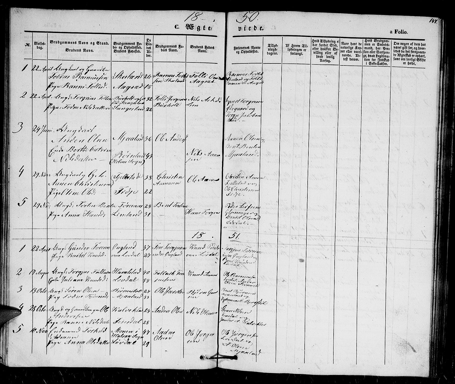 Holum sokneprestkontor, AV/SAK-1111-0022/F/Fb/Fbb/L0002: Parish register (copy) no. B 2, 1847-1874, p. 147