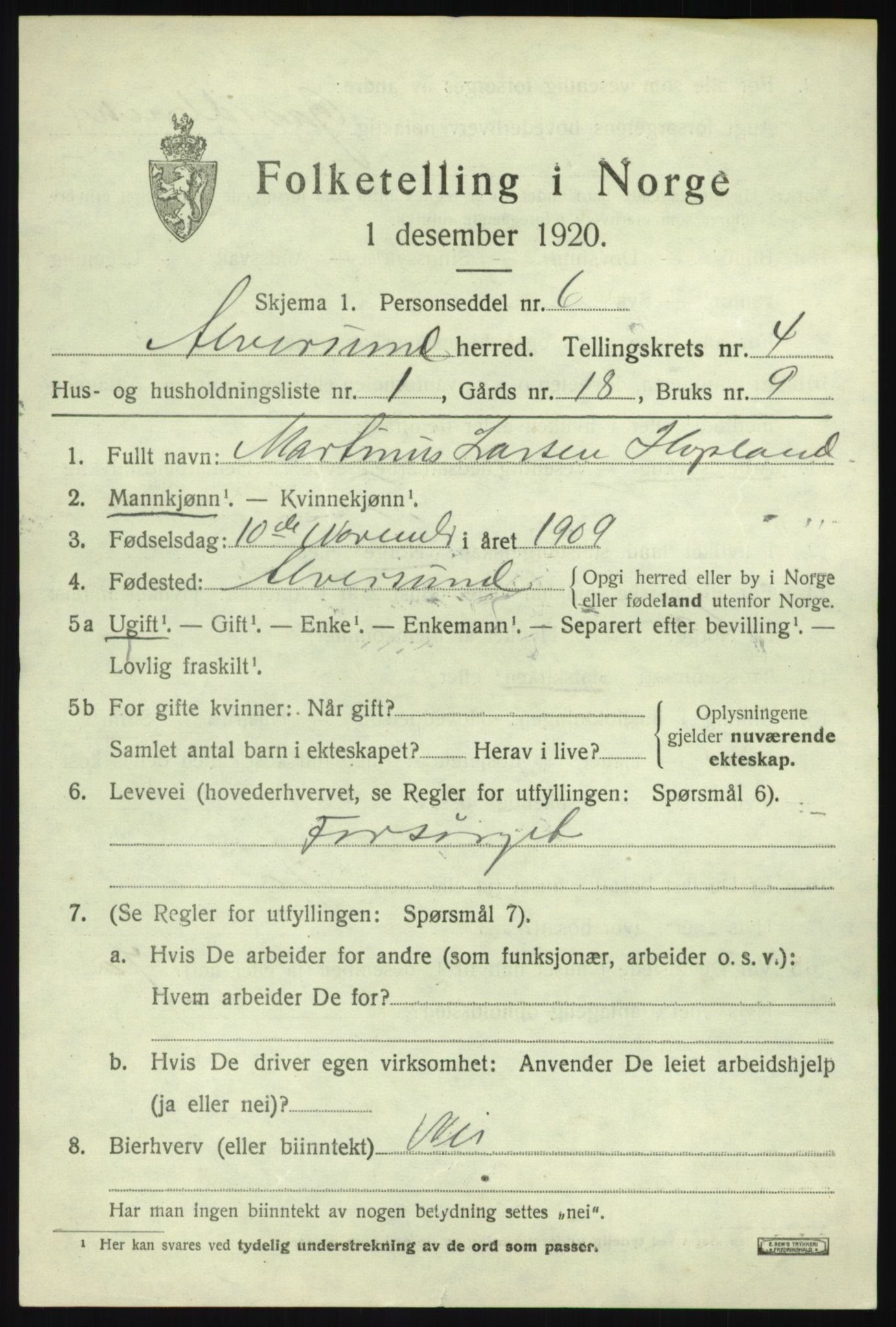 SAB, 1920 census for Alversund, 1920, p. 2668