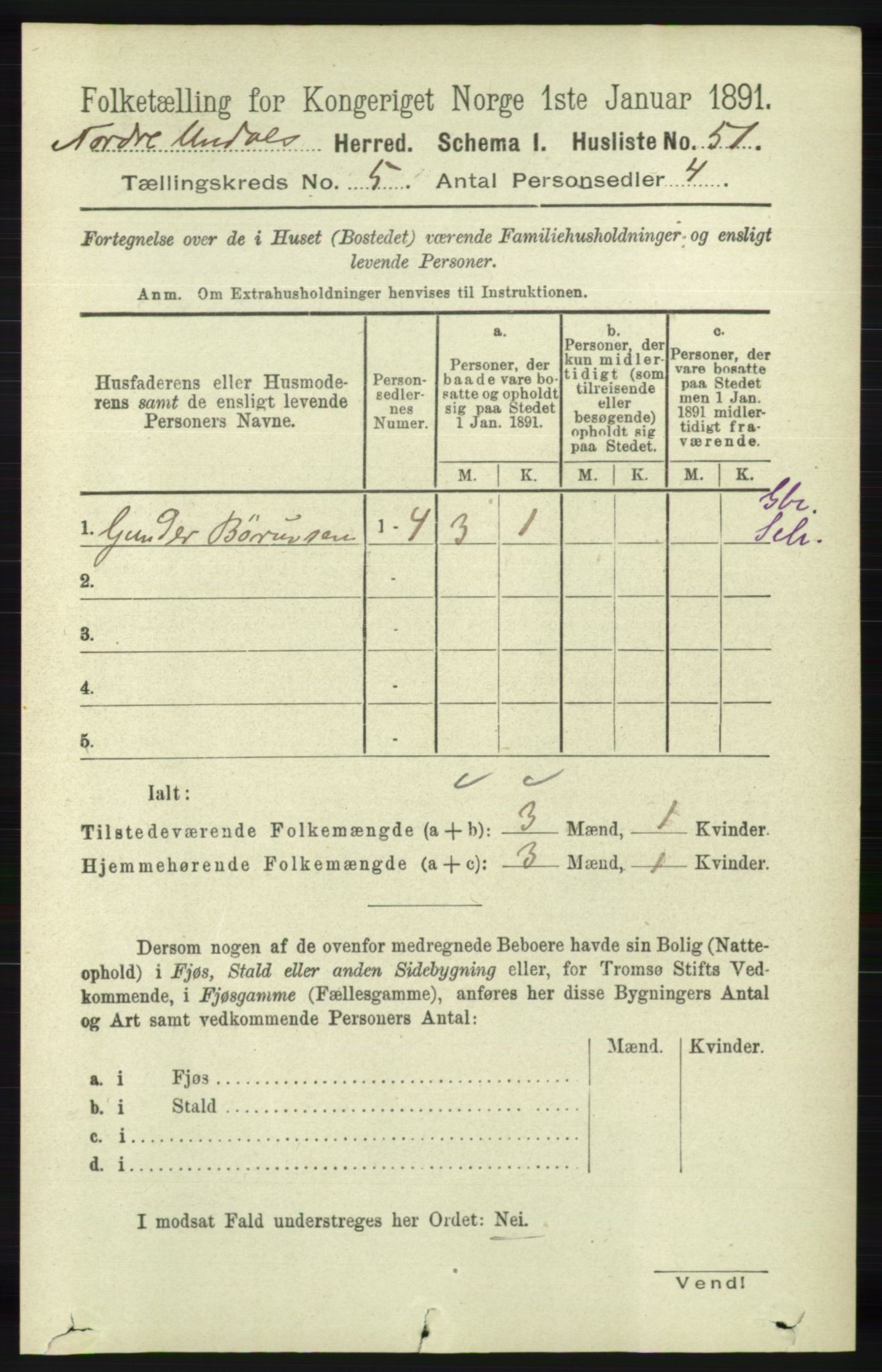 RA, 1891 census for 1028 Nord-Audnedal, 1891, p. 1223