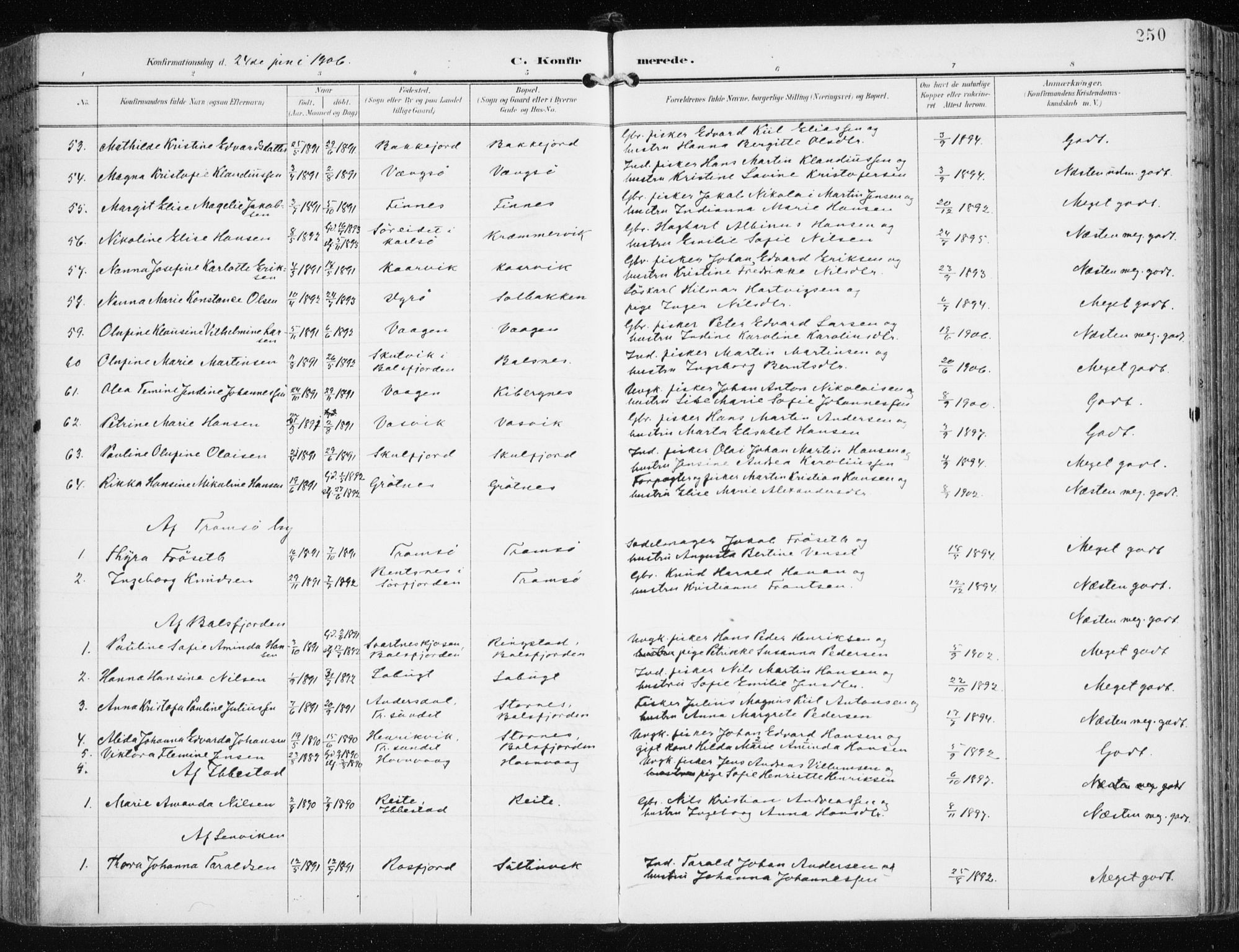 Tromsøysund sokneprestkontor, AV/SATØ-S-1304/G/Ga/L0006kirke: Parish register (official) no. 6, 1897-1906, p. 250