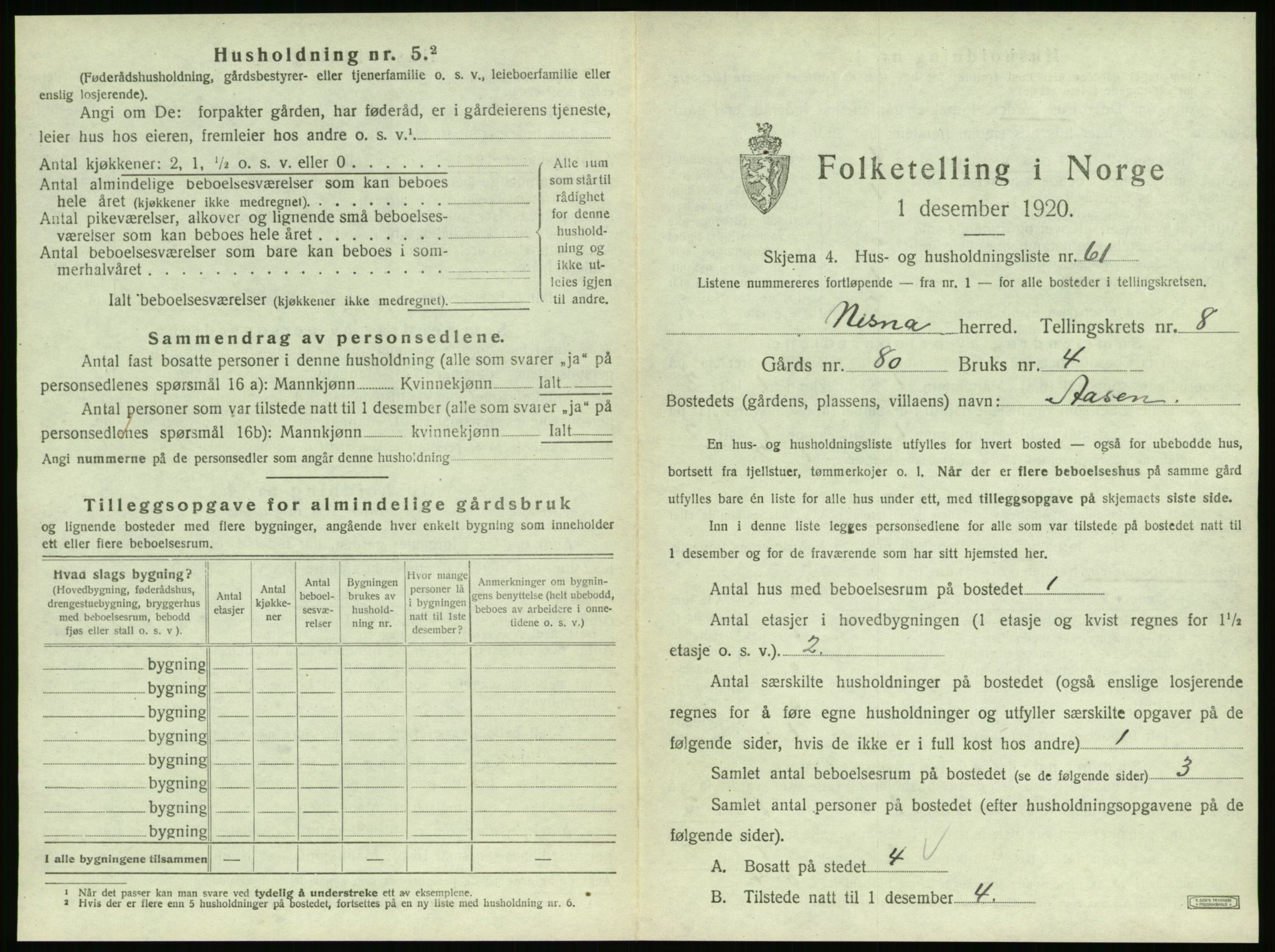 SAT, 1920 census for Nesna, 1920, p. 1051