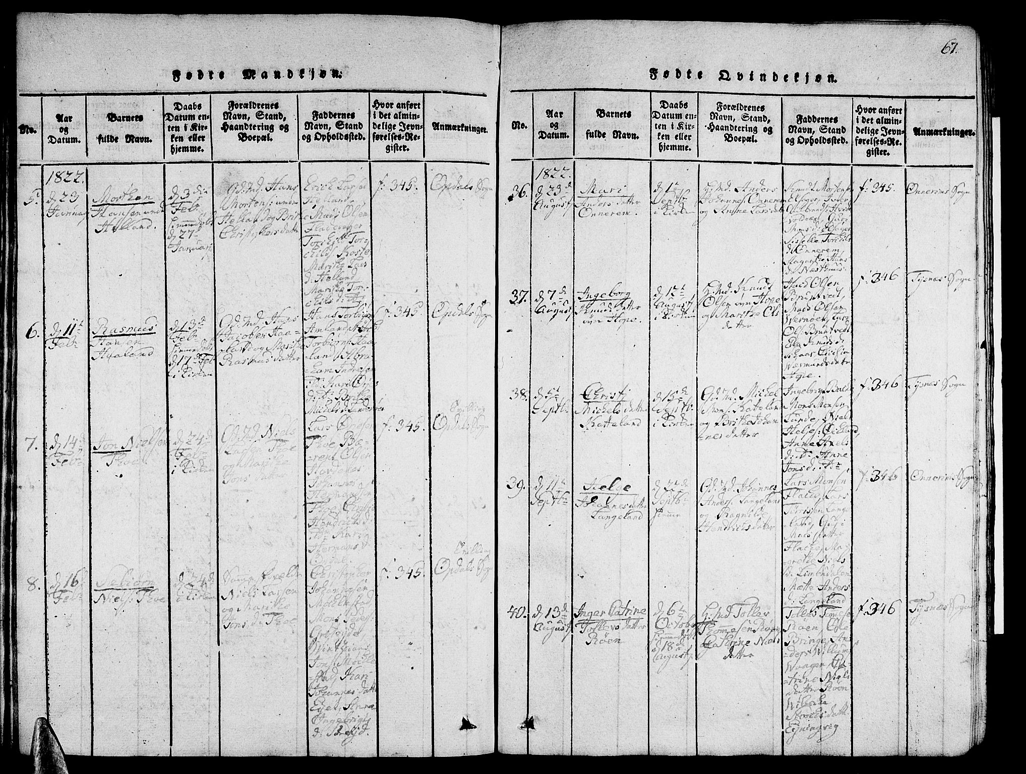 Tysnes sokneprestembete, SAB/A-78601/H/Hab: Parish register (copy) no. A 1, 1816-1828, p. 67