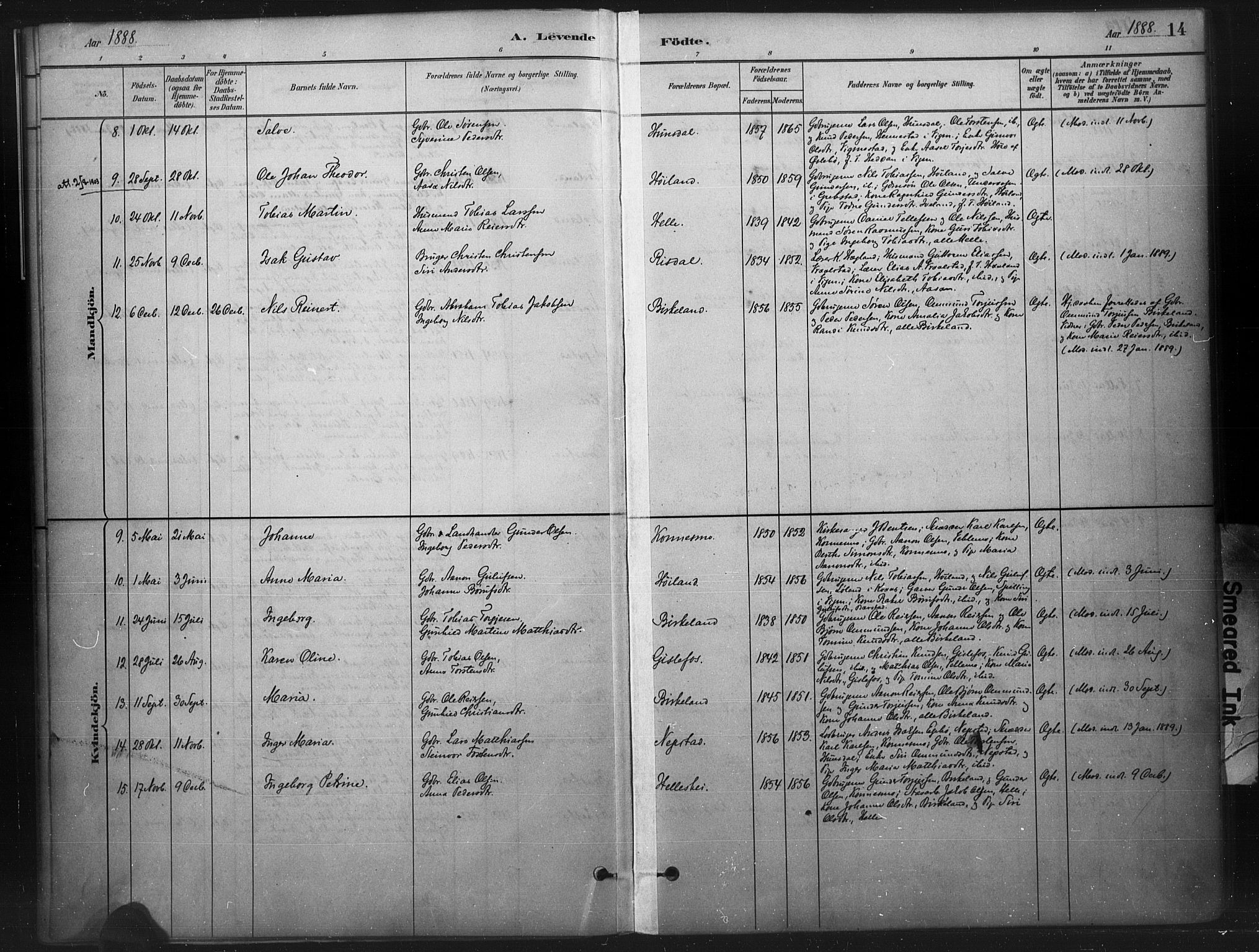 Nord-Audnedal sokneprestkontor, SAK/1111-0032/F/Fa/Faa/L0003: Parish register (official) no. A 3, 1882-1900, p. 14