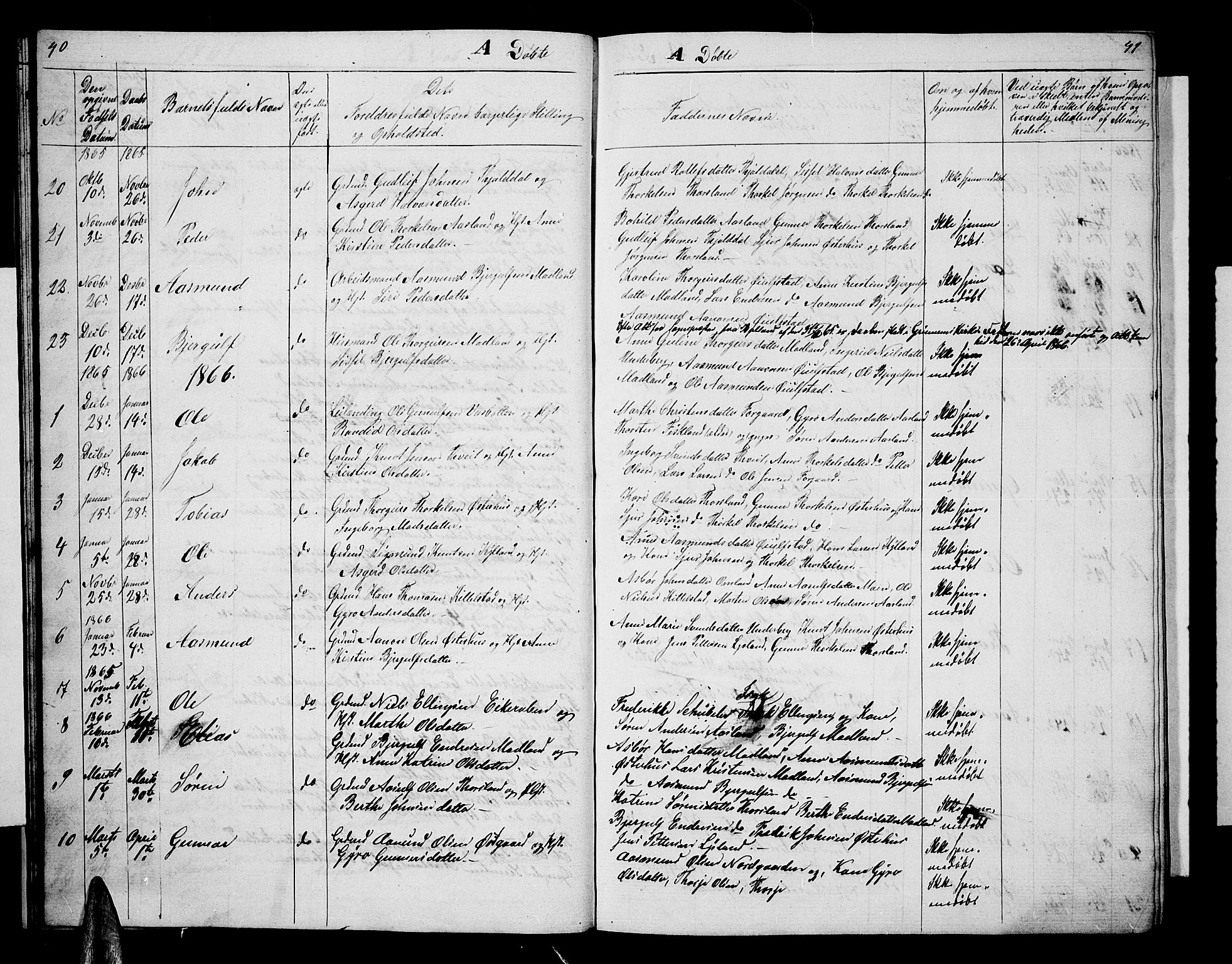 Åseral sokneprestkontor, AV/SAK-1111-0051/F/Fb/L0001: Parish register (copy) no. B 1, 1856-1877, p. 40-41