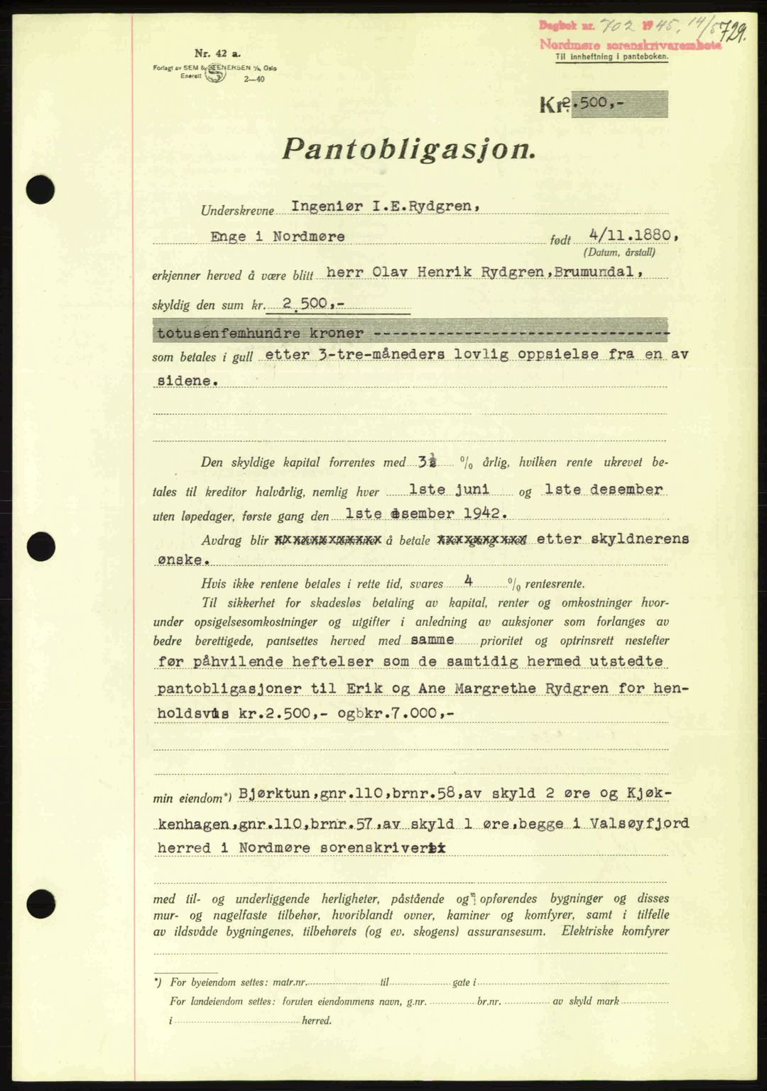 Nordmøre sorenskriveri, AV/SAT-A-4132/1/2/2Ca: Mortgage book no. B92, 1944-1945, Diary no: : 702/1945