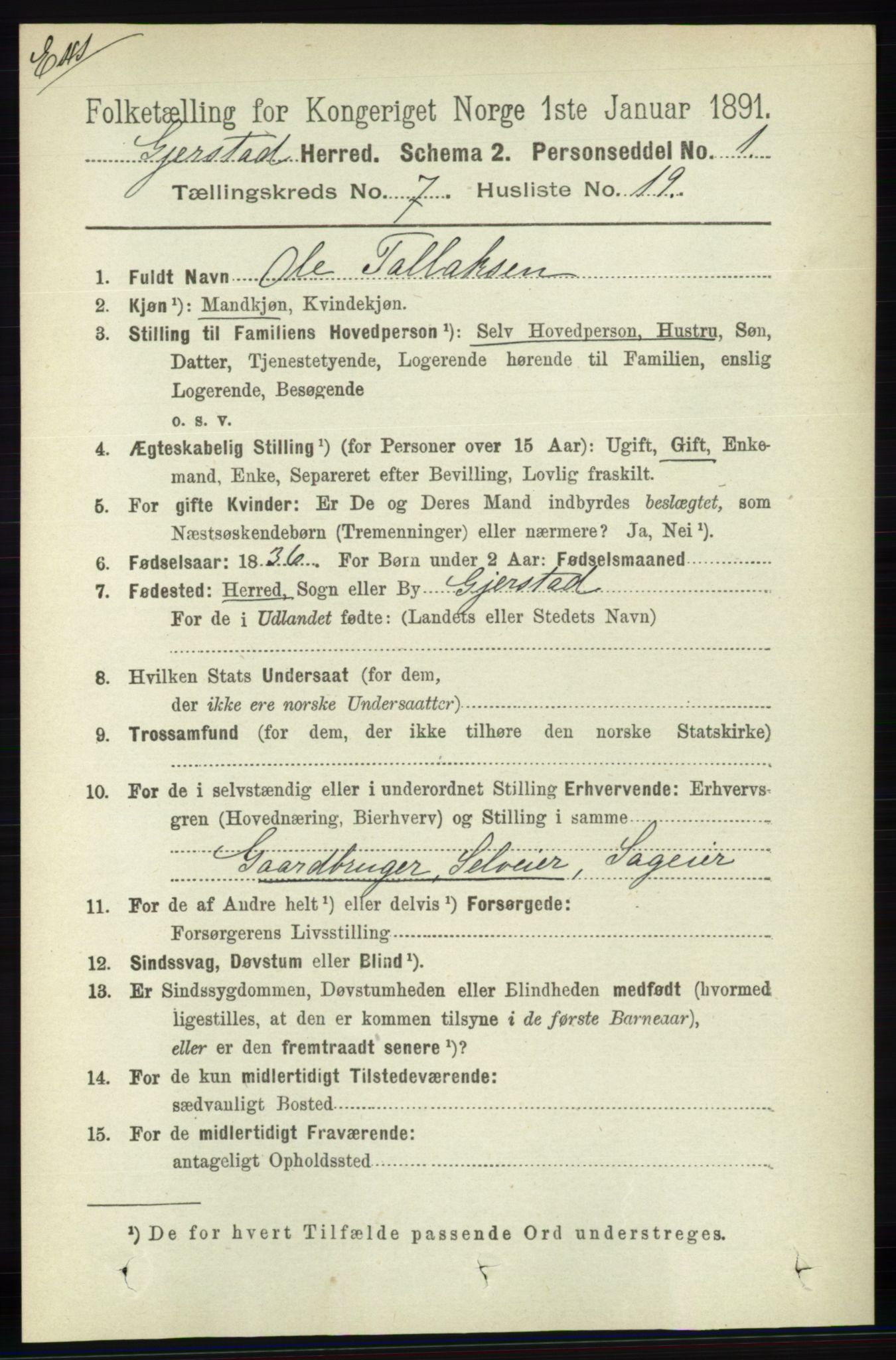 RA, Census 1891 for Nedenes amt: Gjenparter av personsedler for beslektede ektefeller, menn, 1891, p. 96