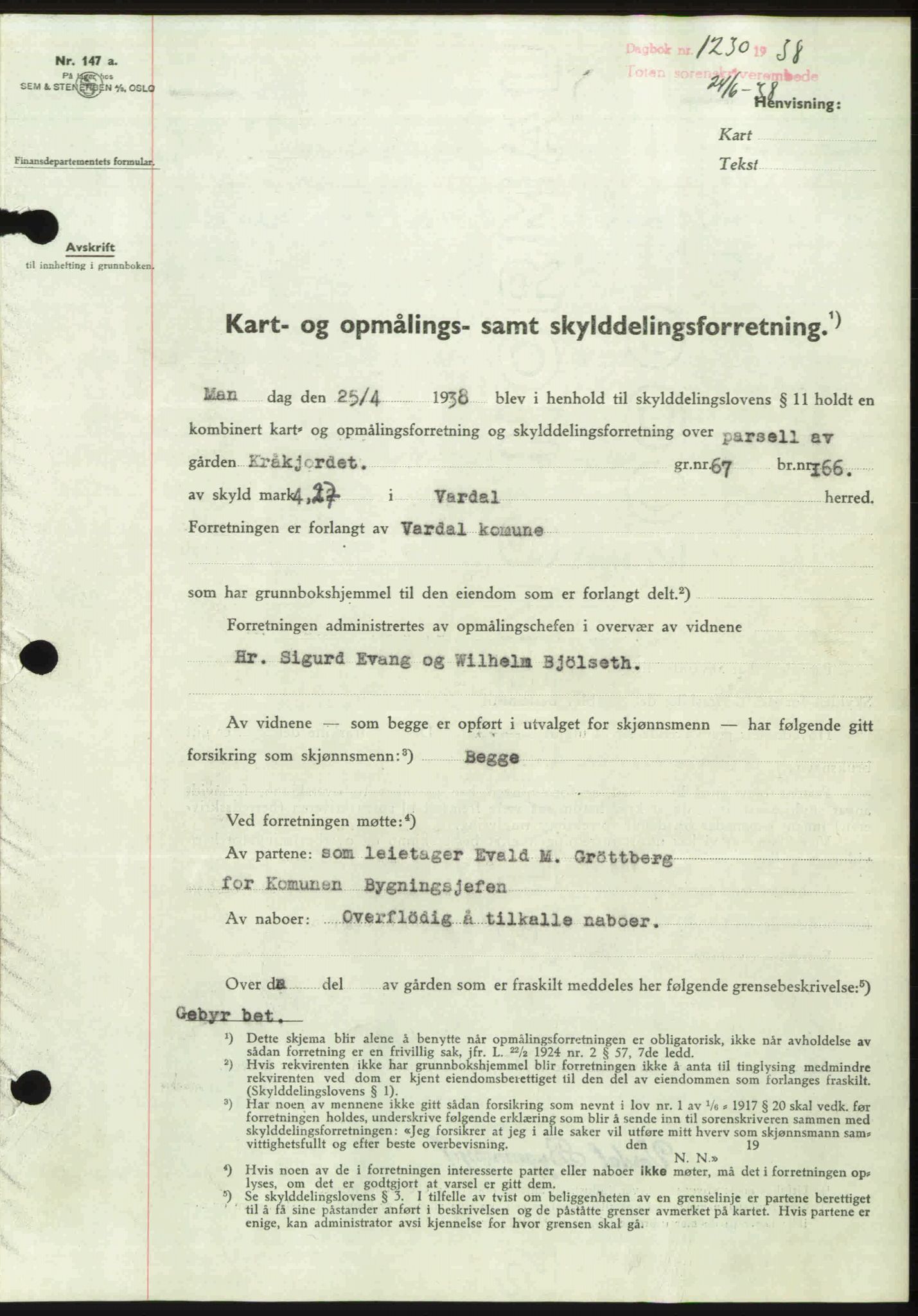 Toten tingrett, SAH/TING-006/H/Hb/Hbc/L0004: Mortgage book no. Hbc-04, 1938-1938, Diary no: : 1230/1938