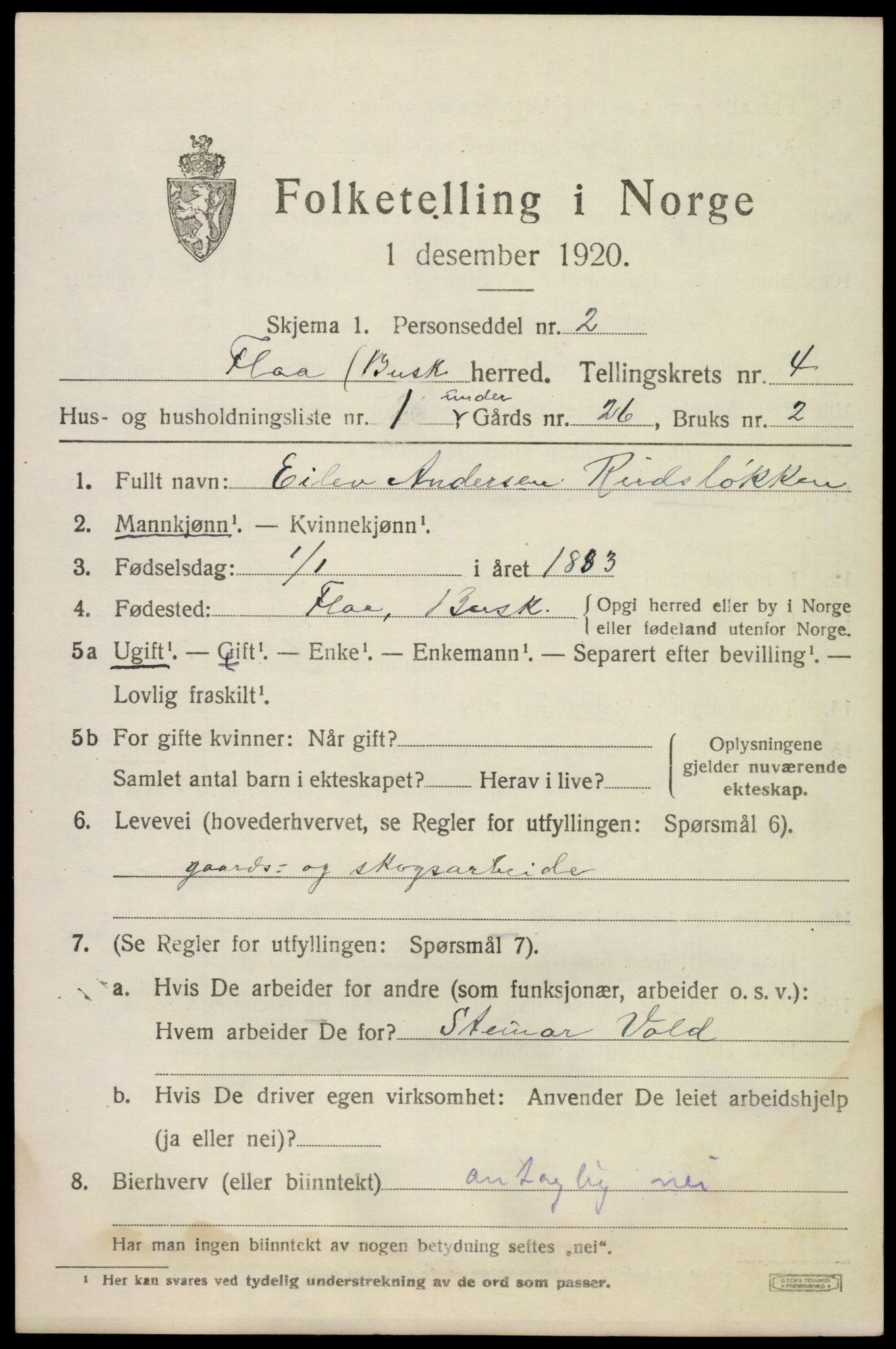 SAKO, 1920 census for Flå, 1920, p. 2625