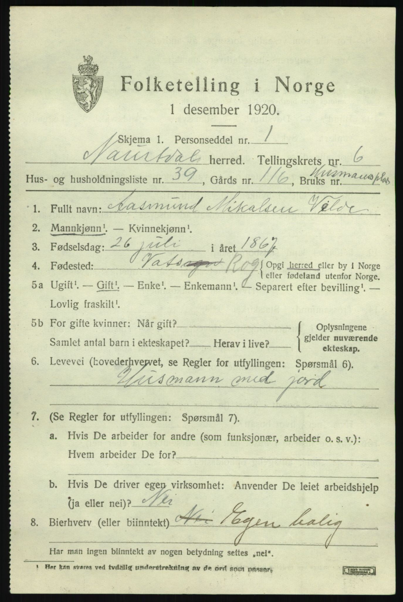 SAB, 1920 census for Naustdal, 1920, p. 4161