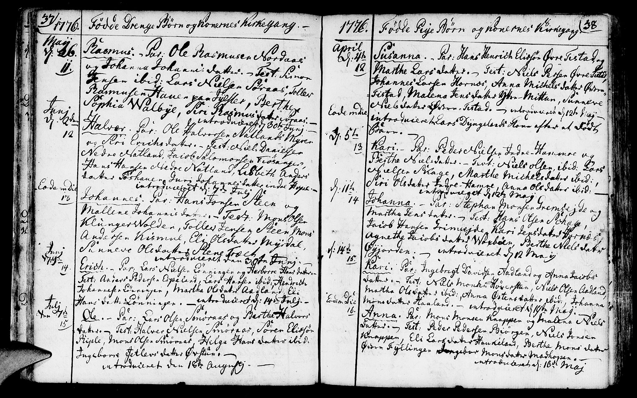 Fana Sokneprestembete, AV/SAB-A-75101/H/Haa/Haaa/L0005: Parish register (official) no. A 5, 1773-1799, p. 37-38