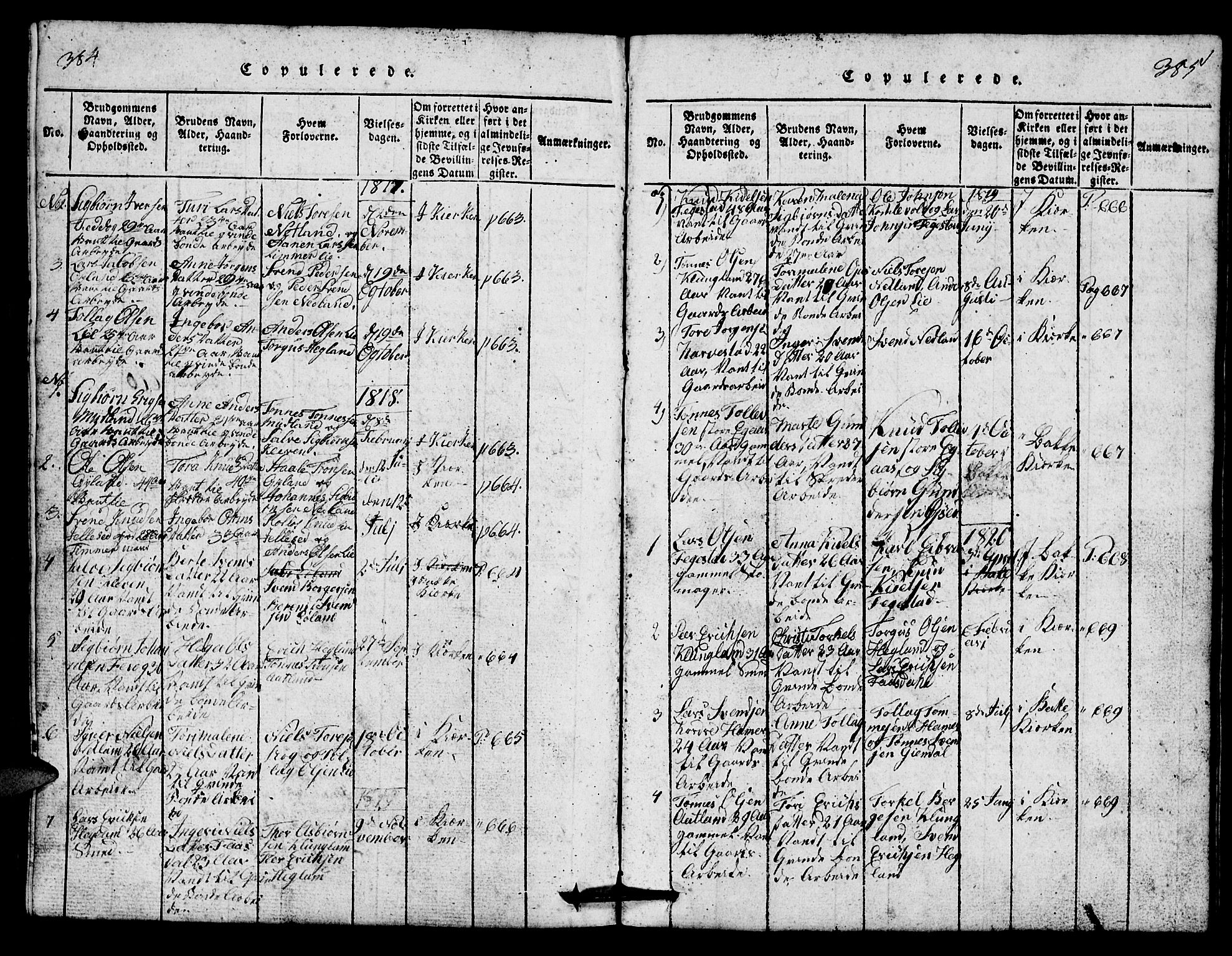 Bakke sokneprestkontor, AV/SAK-1111-0002/F/Fb/Fbb/L0001: Parish register (copy) no. B 1, 1815-1835, p. 384-385