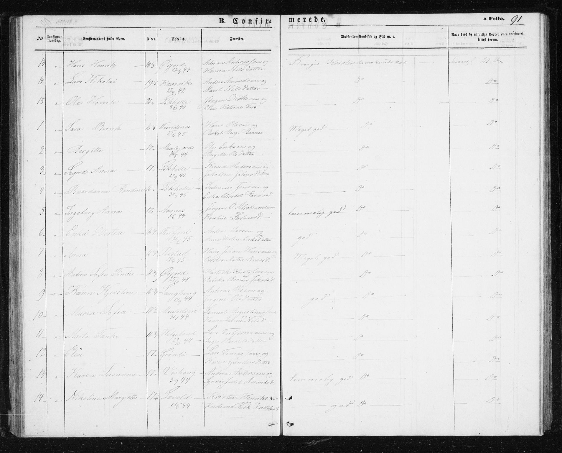 Lenvik sokneprestembete, SATØ/S-1310/H/Ha/Hab/L0004klokker: Parish register (copy) no. 4, 1859-1869, p. 91