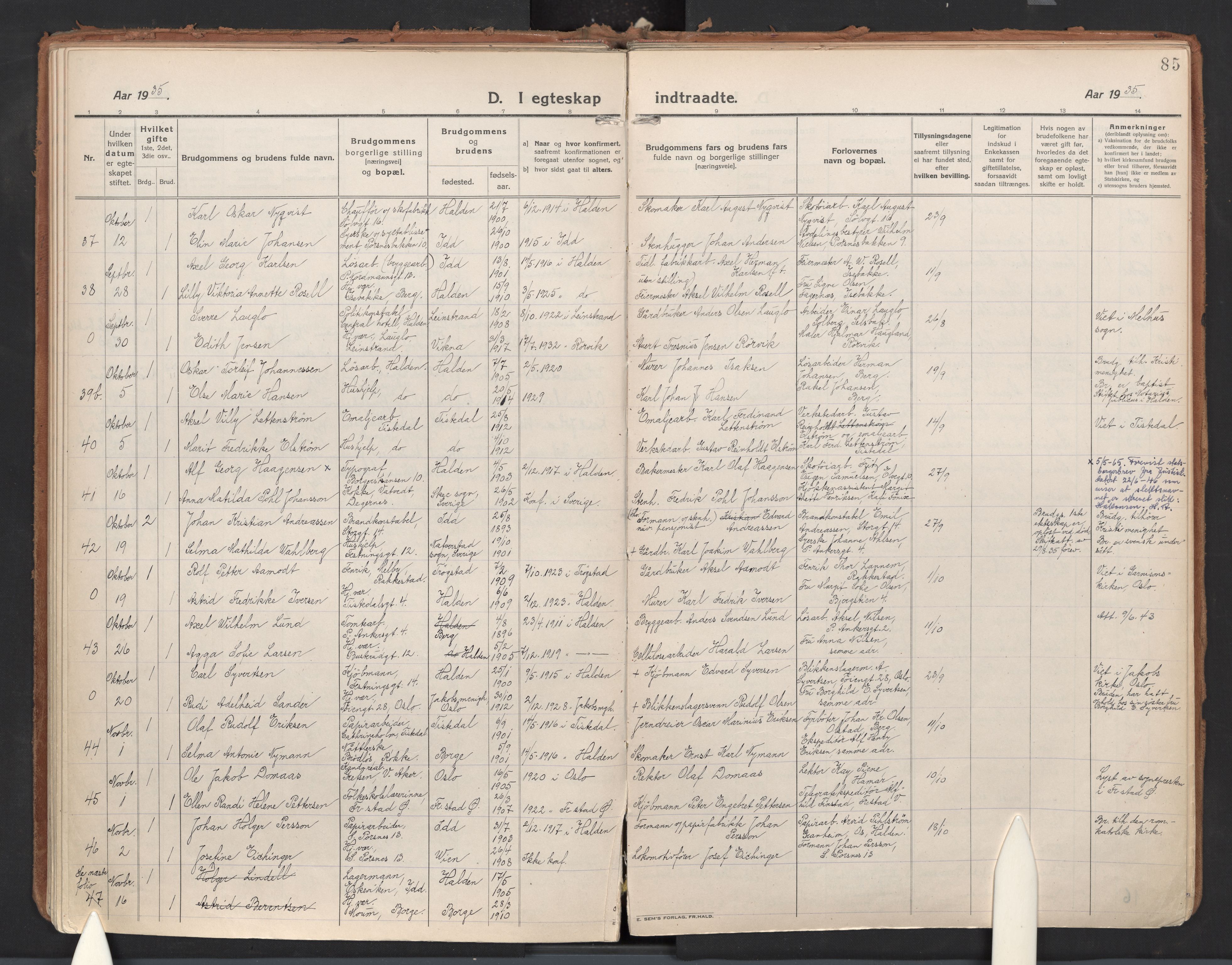 Halden prestekontor Kirkebøker, AV/SAO-A-10909/F/Fa/L0017: Parish register (official) no. I 17, 1921-1945, p. 85