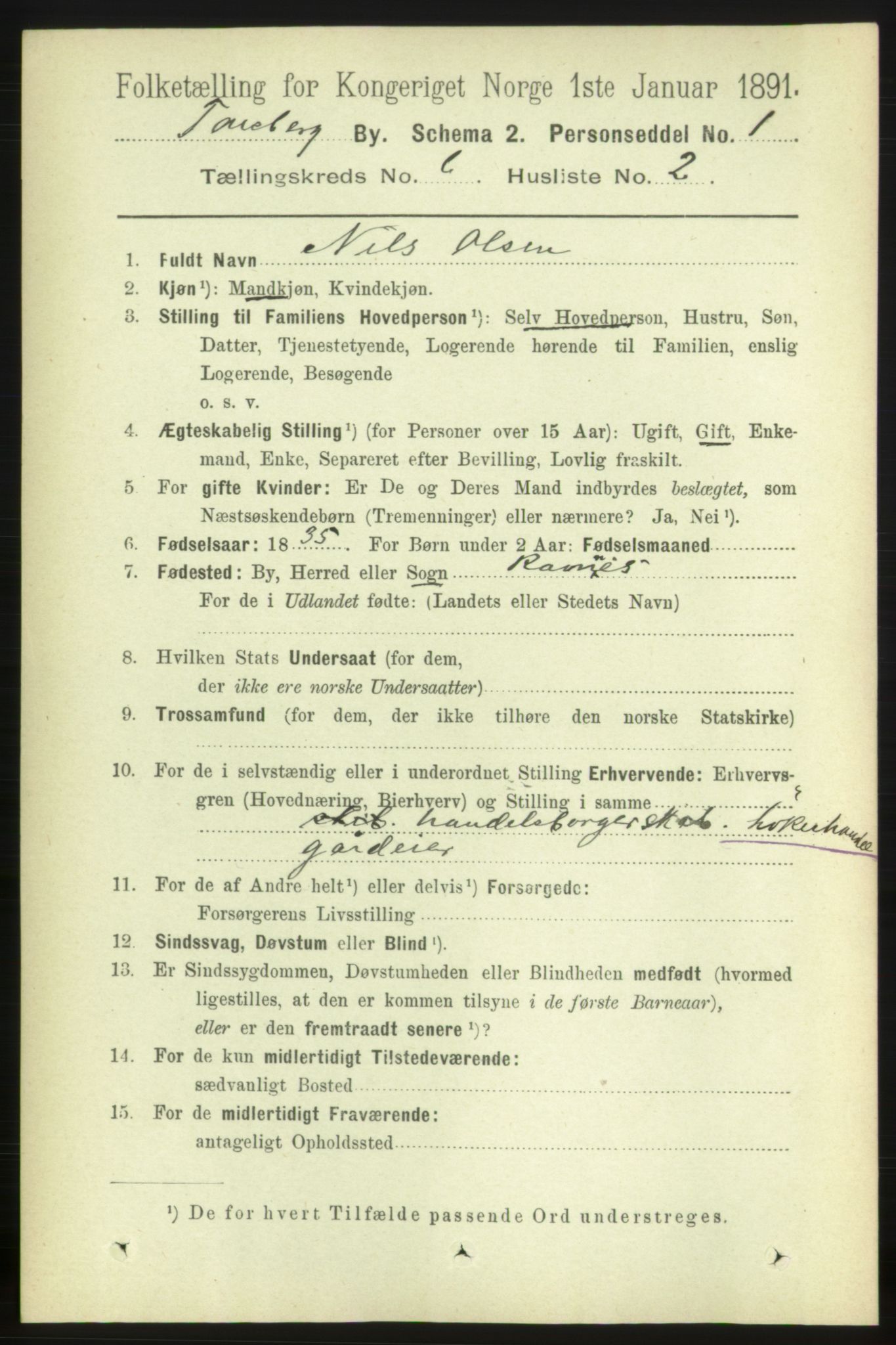 RA, 1891 census for 0705 Tønsberg, 1891, p. 2460