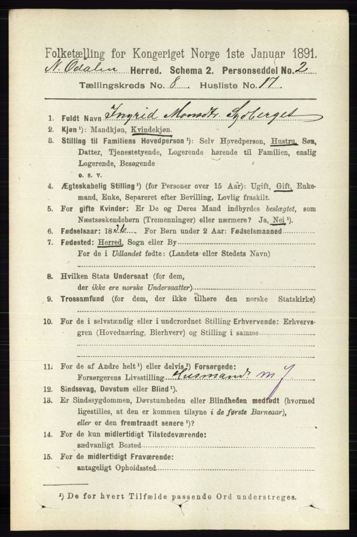 RA, 1891 census for 0418 Nord-Odal, 1891, p. 3400