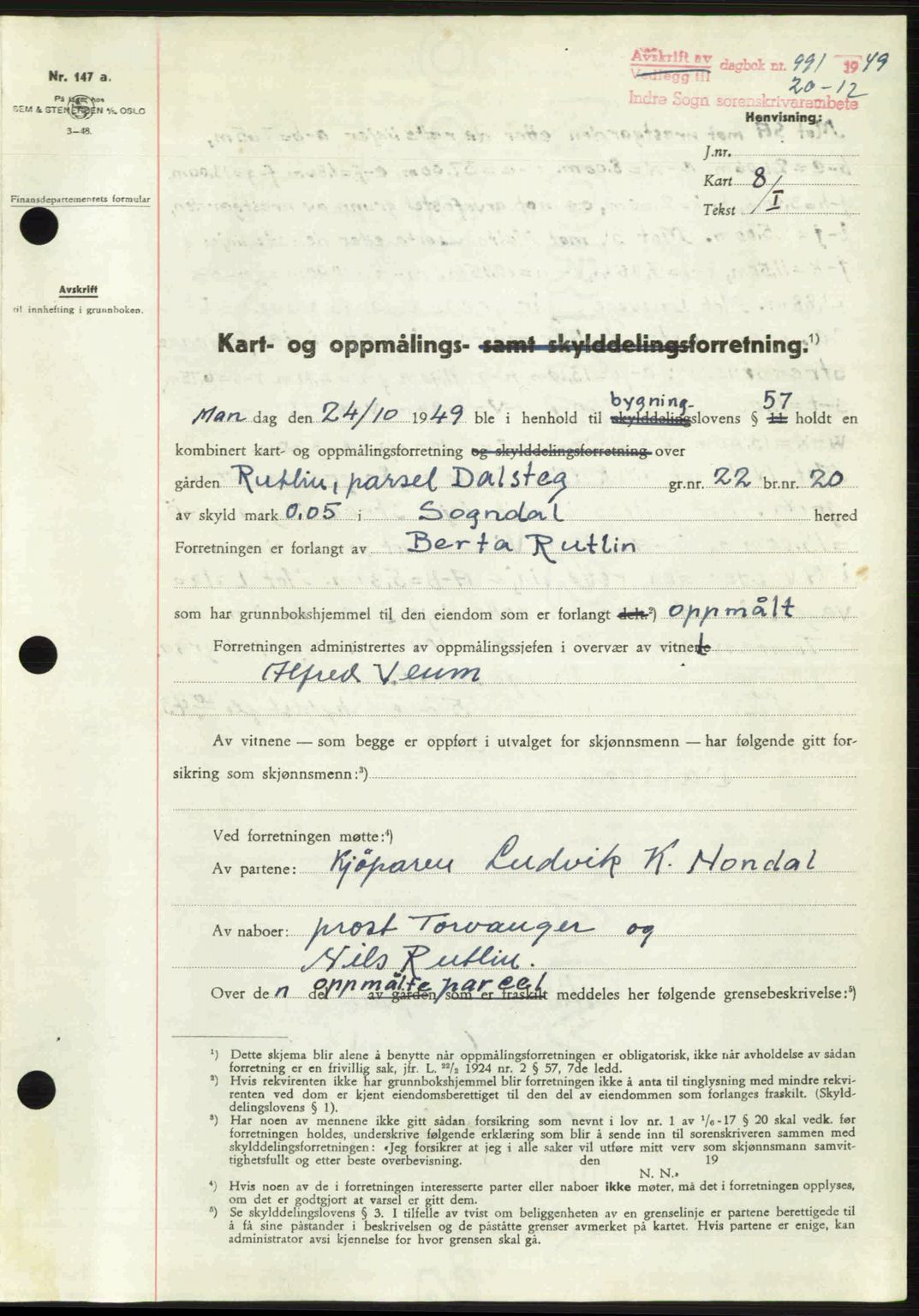 Indre Sogn tingrett, AV/SAB-A-3301/1/G/Gb/Gbb/L0010: Mortgage book no. A10, 1949-1949, Diary no: : 991/1949