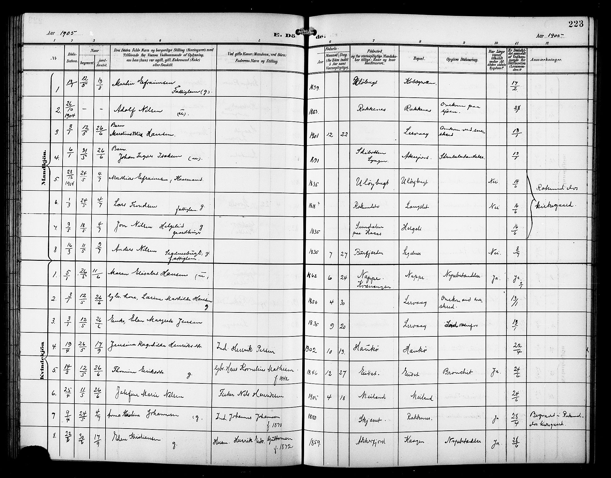 Skjervøy sokneprestkontor, SATØ/S-1300/H/Ha/Hab/L0008klokker: Parish register (copy) no. 8, 1900-1910, p. 223