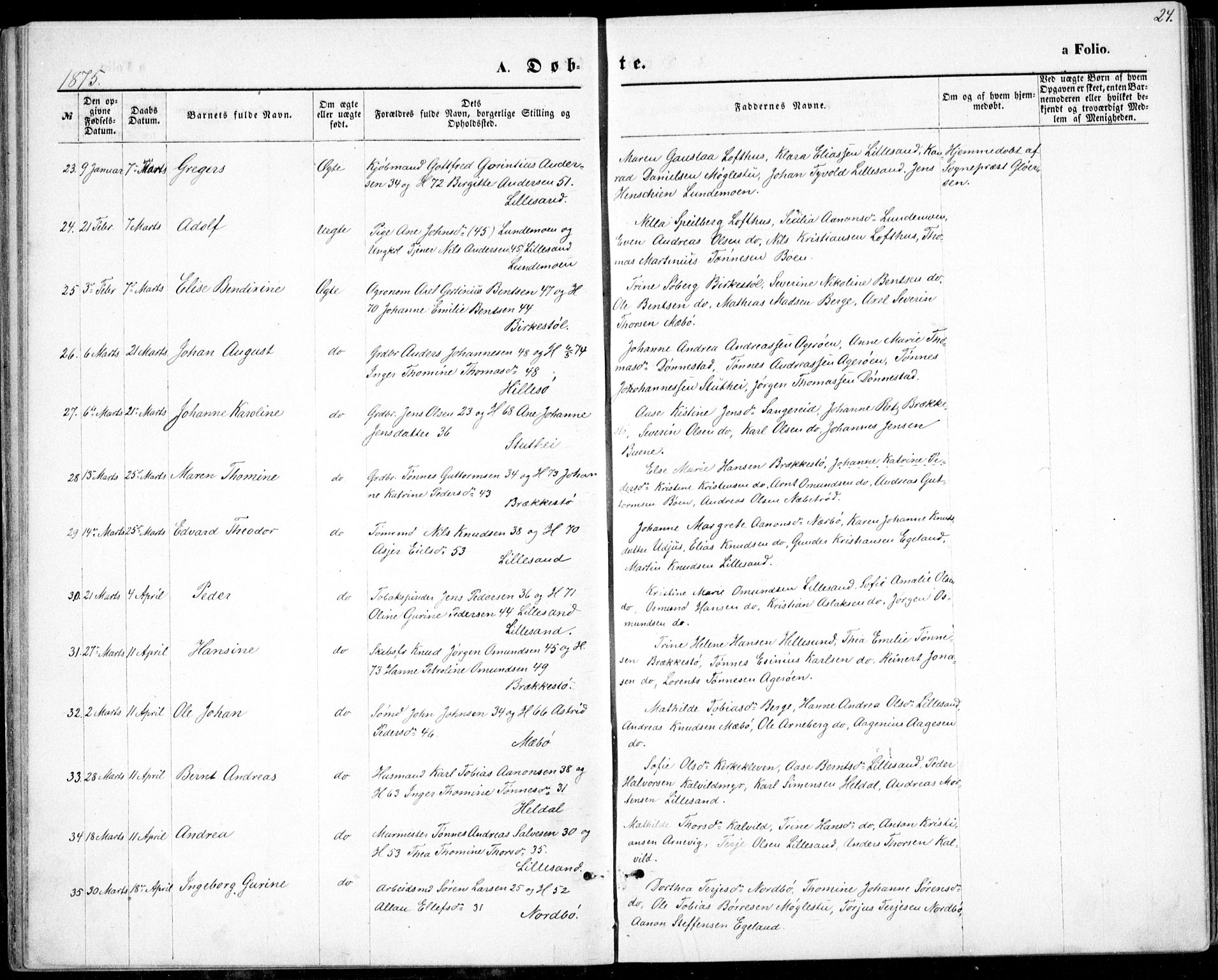 Vestre Moland sokneprestkontor, SAK/1111-0046/F/Fb/Fbb/L0005: Parish register (copy) no. B 5, 1872-1883, p. 24