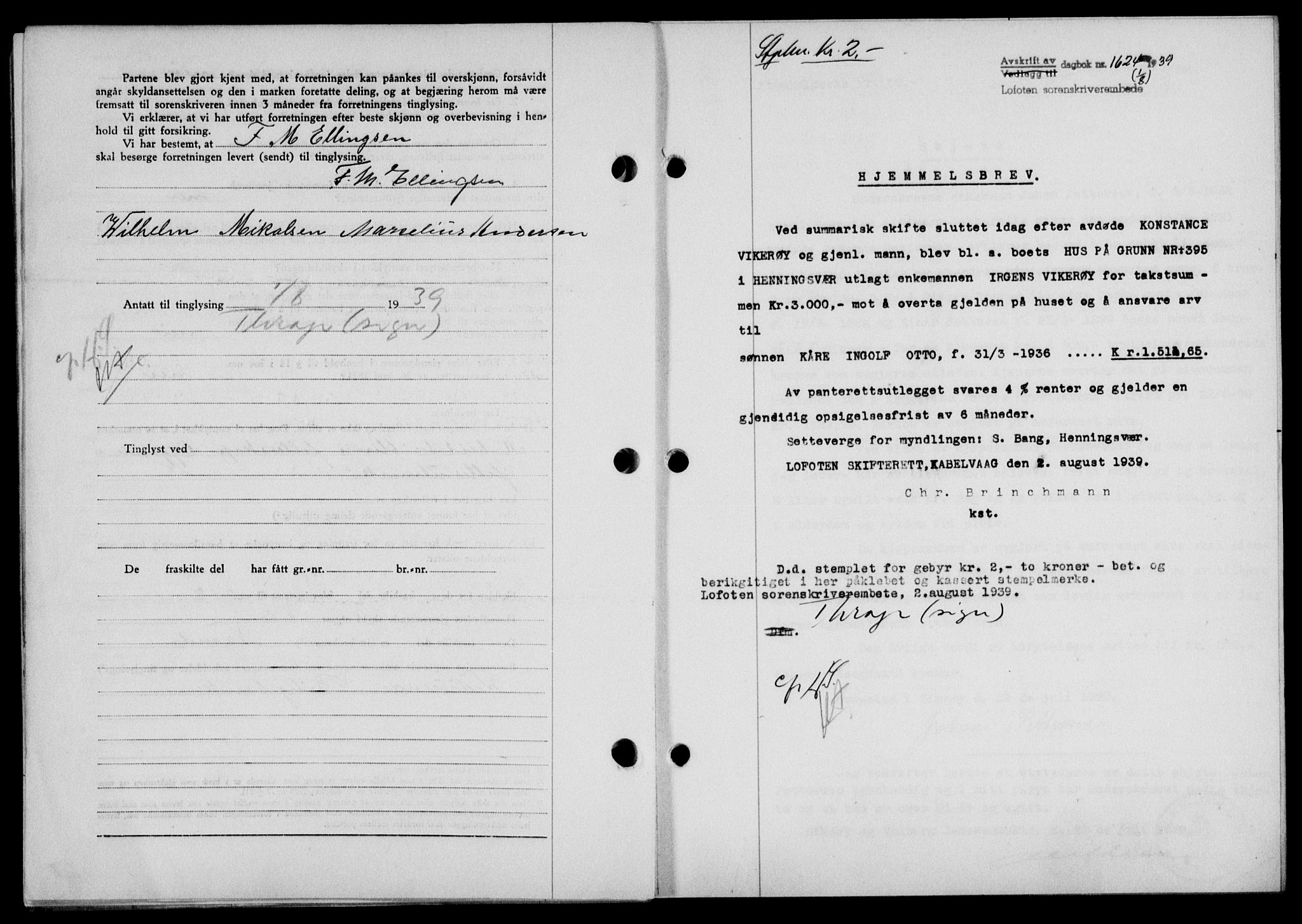 Lofoten sorenskriveri, SAT/A-0017/1/2/2C/L0006a: Mortgage book no. 6a, 1939-1939, Diary no: : 1624/1939