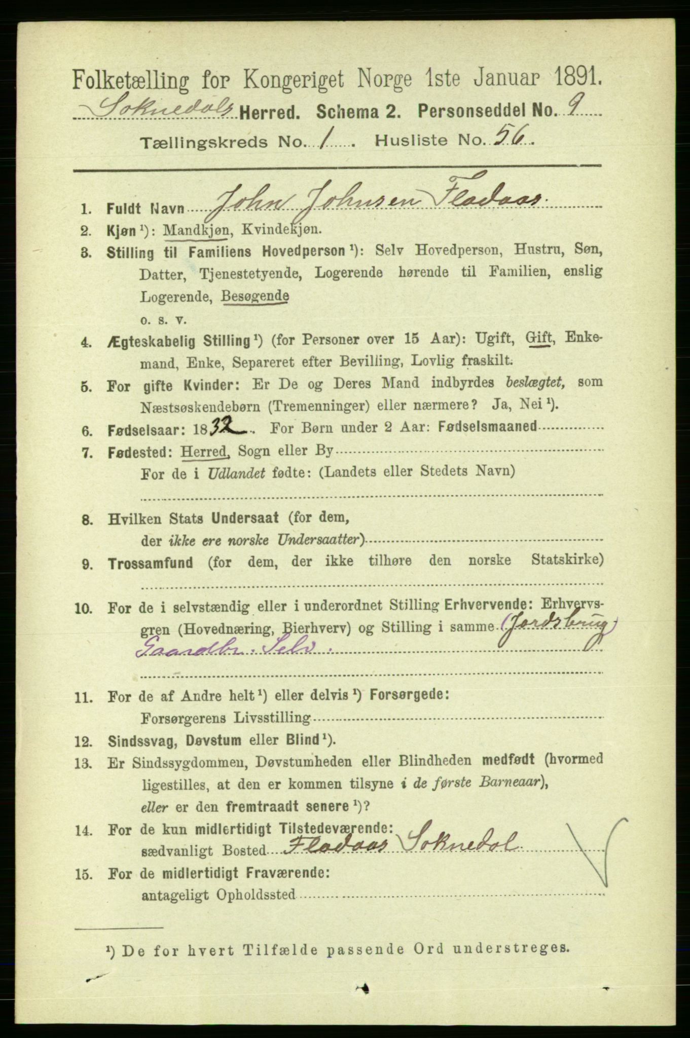 RA, 1891 census for 1649 Soknedal, 1891, p. 421