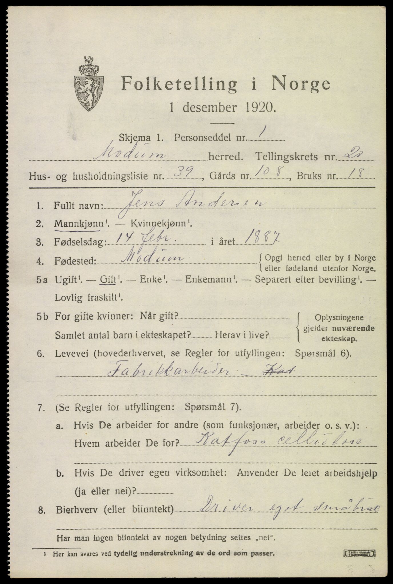 SAKO, 1920 census for Modum, 1920, p. 22441