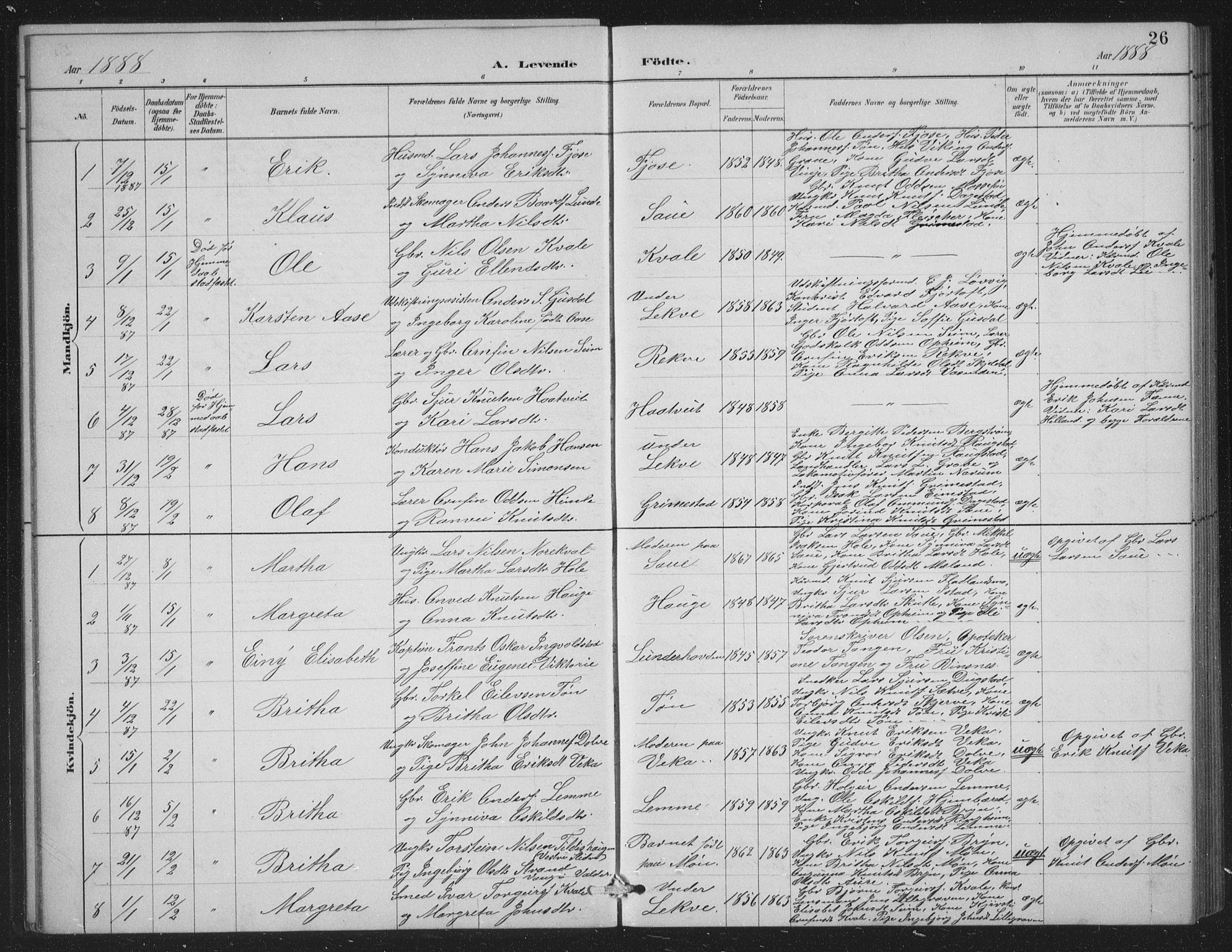 Voss sokneprestembete, AV/SAB-A-79001/H/Hab: Parish register (copy) no. C 1, 1886-1899, p. 26