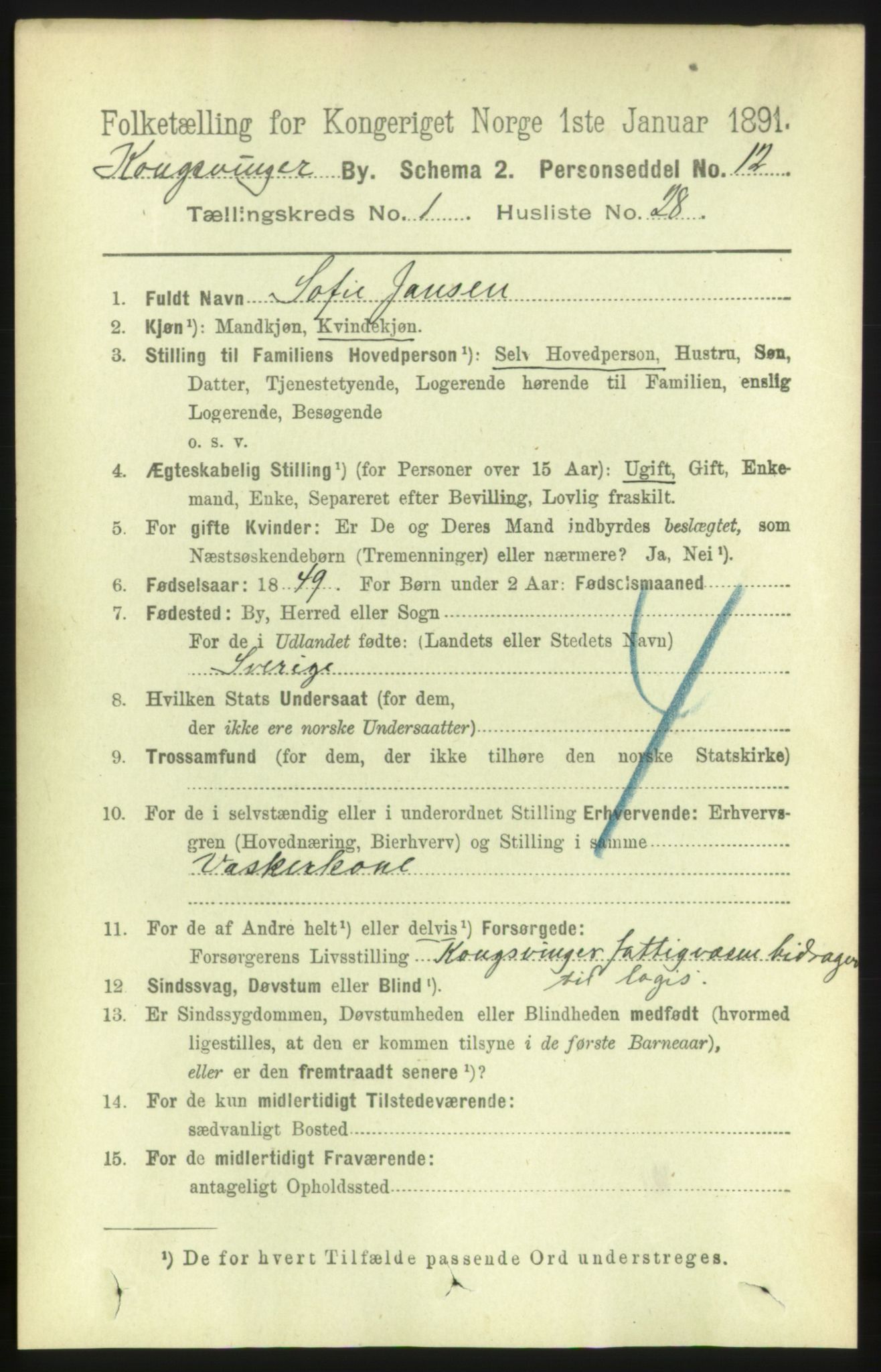 RA, 1891 census for 0402 Kongsvinger, 1891, p. 585