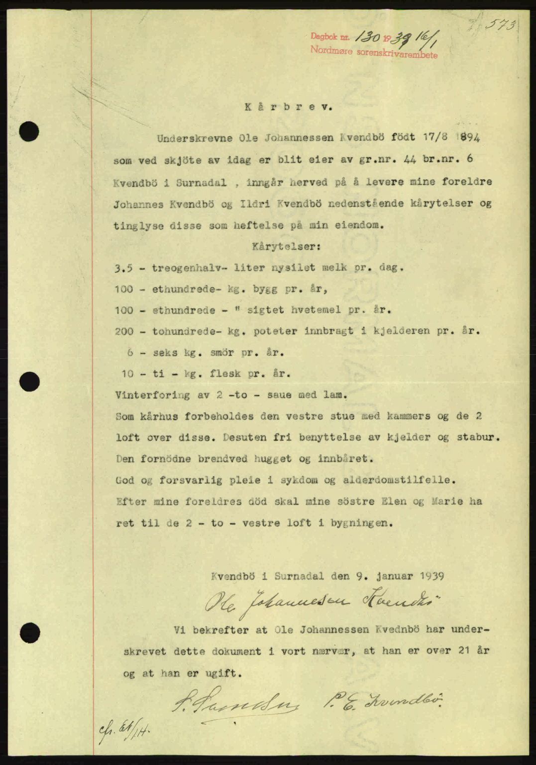 Nordmøre sorenskriveri, SAT/A-4132/1/2/2Ca: Mortgage book no. B84, 1938-1939, Diary no: : 130/1939