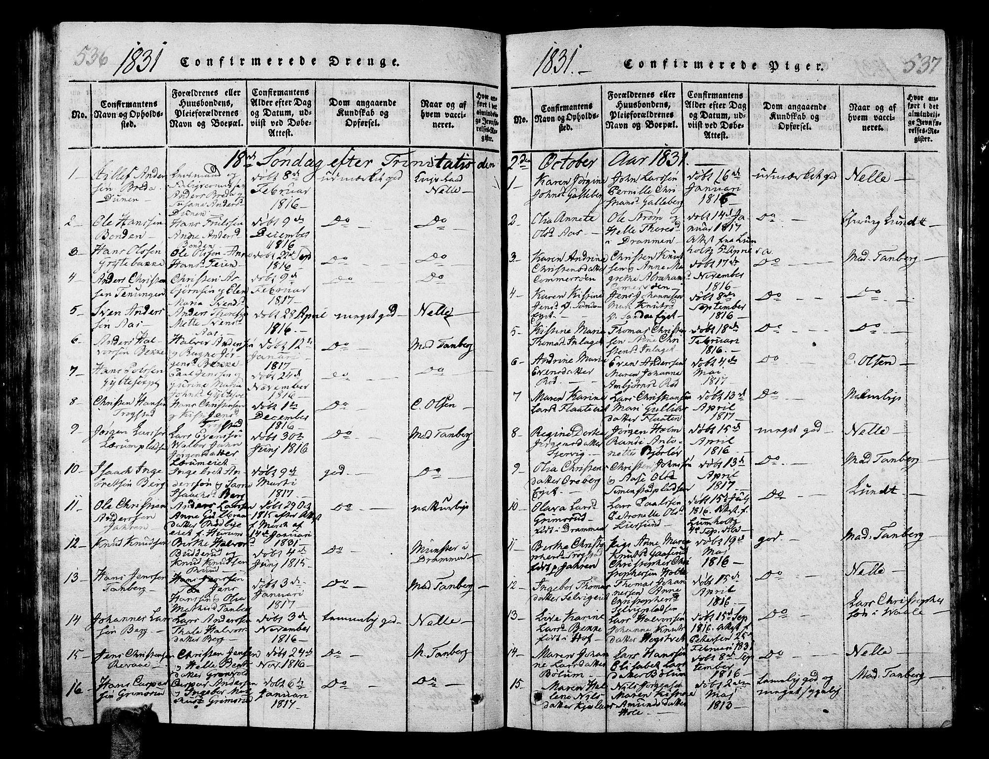 Sande Kirkebøker, SAKO/A-53/G/Ga/L0001: Parish register (copy) no. 1, 1814-1847, p. 536-537