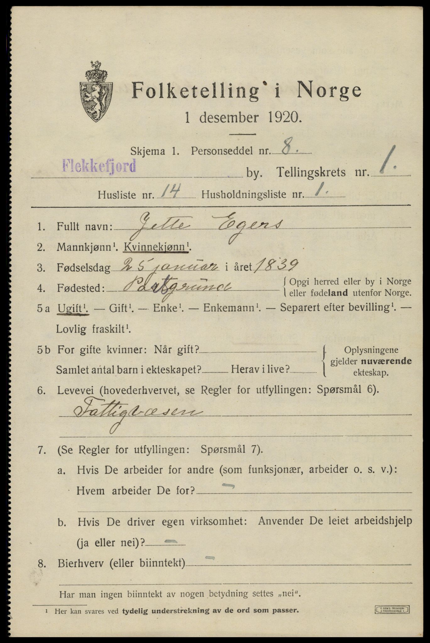 SAK, 1920 census for Flekkefjord, 1920, p. 2010