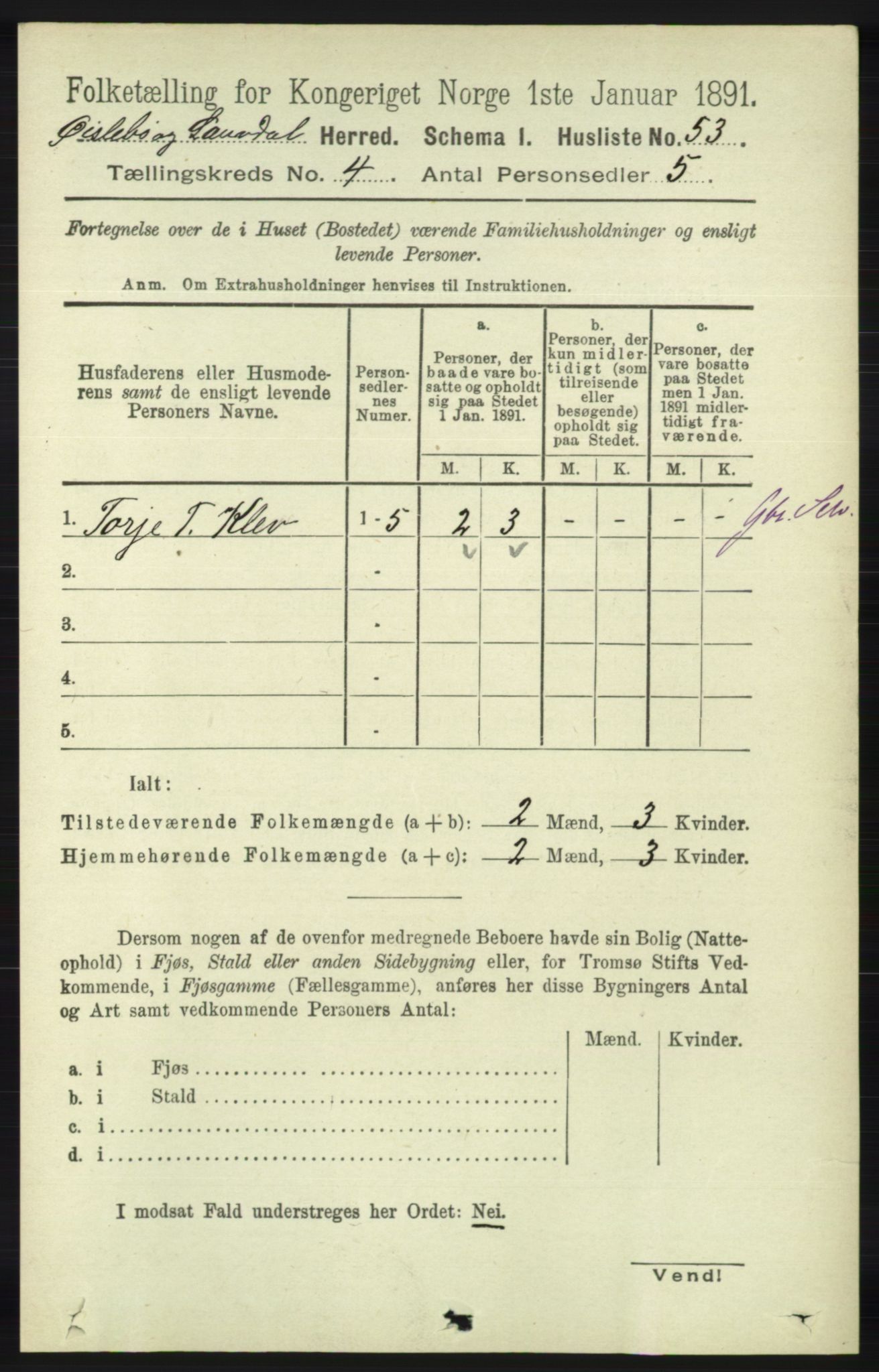 RA, 1891 census for 1021 Øyslebø og Laudal, 1891, p. 1003