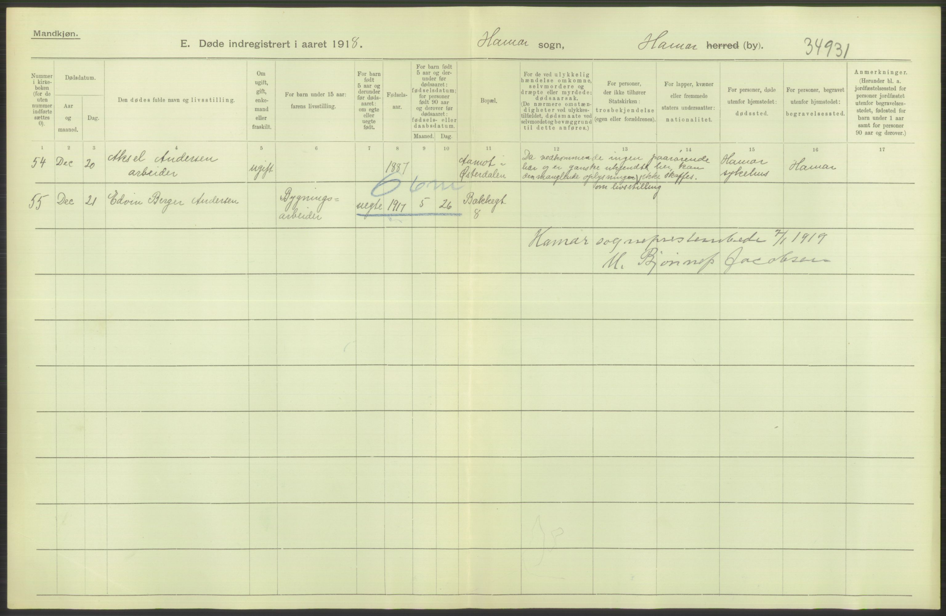 Statistisk sentralbyrå, Sosiodemografiske emner, Befolkning, RA/S-2228/D/Df/Dfb/Dfbh/L0014: Hedemarkens fylke: Døde. Bygder og byer., 1918, p. 16