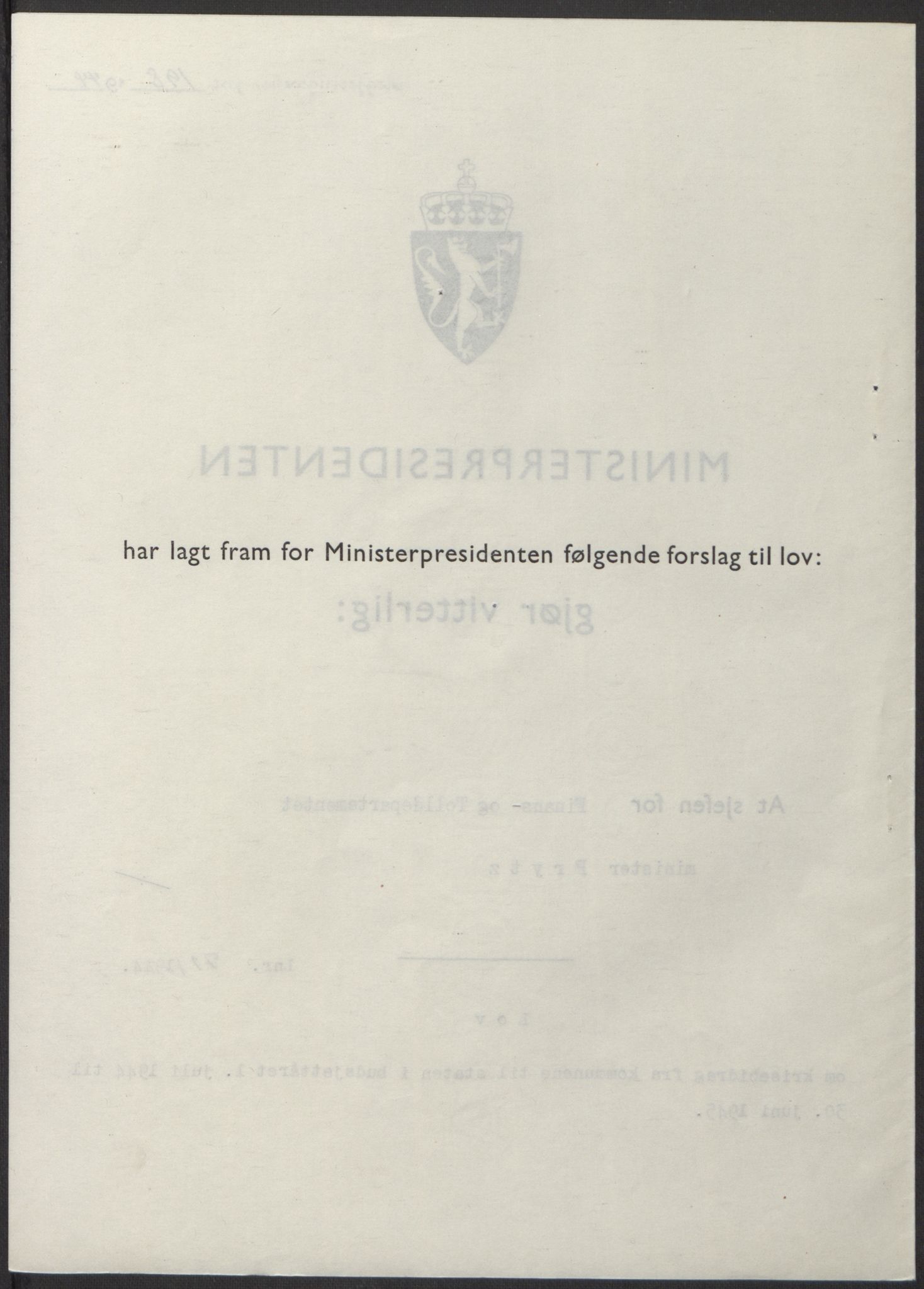 NS-administrasjonen 1940-1945 (Statsrådsekretariatet, de kommisariske statsråder mm), AV/RA-S-4279/D/Db/L0100: Lover, 1944, p. 337