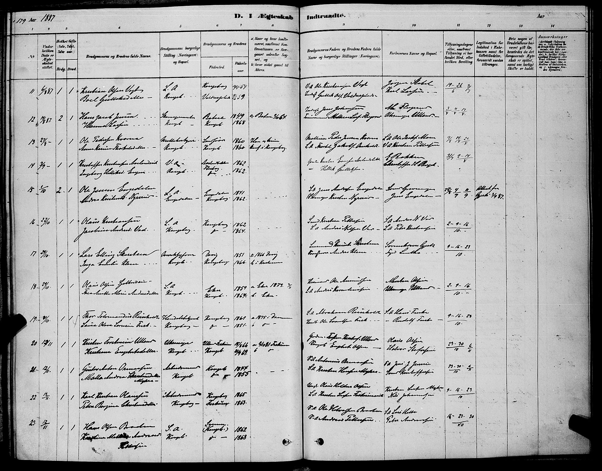 Kongsberg kirkebøker, SAKO/A-22/G/Ga/L0005: Parish register (copy) no. 5, 1878-1889, p. 179