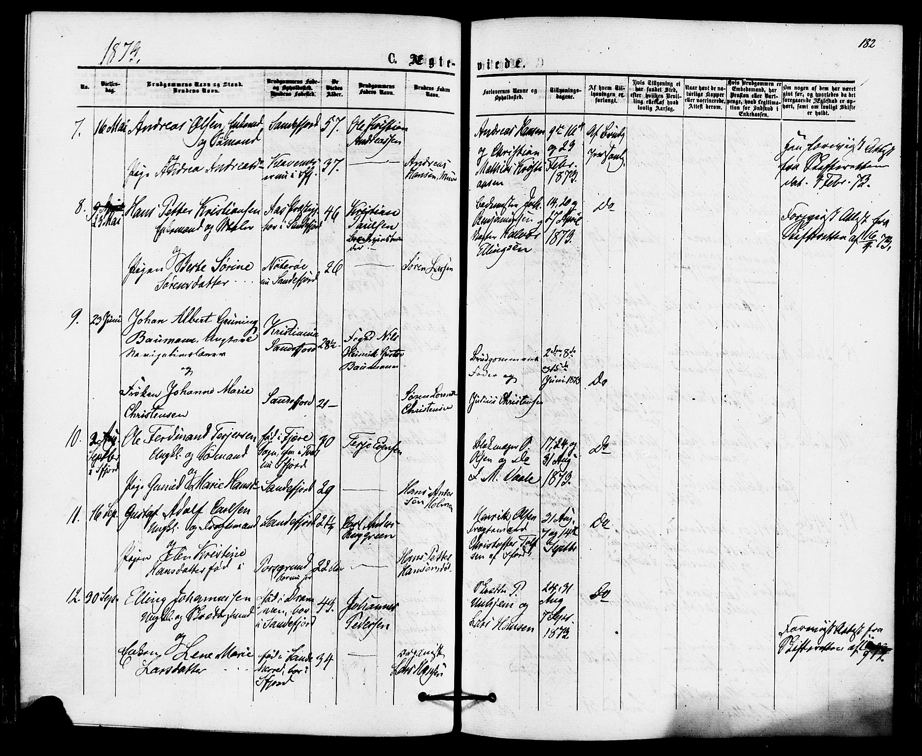 Sandefjord kirkebøker, AV/SAKO-A-315/F/Fa/L0001: Parish register (official) no. 1, 1873-1879, p. 182