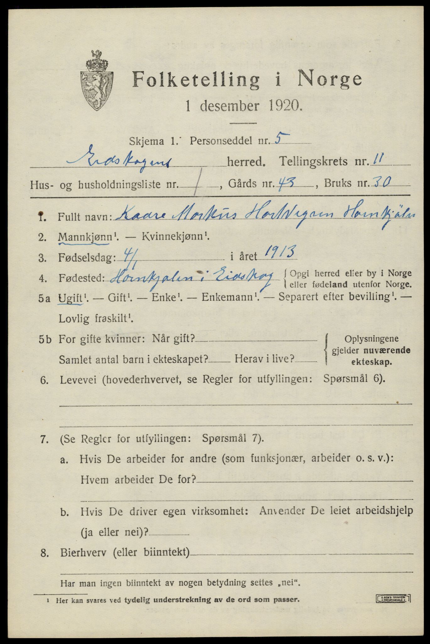 SAH, 1920 census for Eidskog, 1920, p. 11595