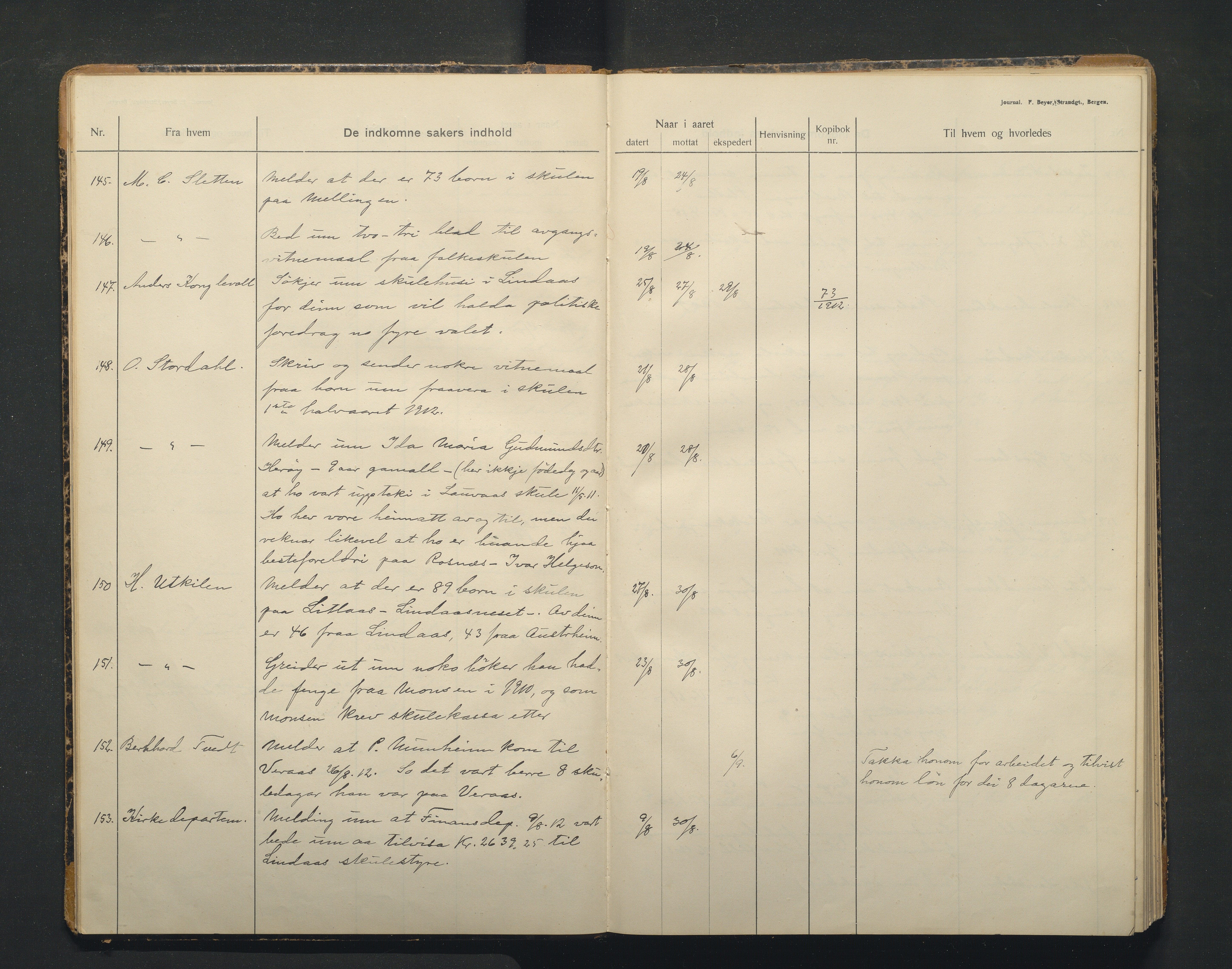 Lindås kommune. Skulestyret, IKAH/1263-211/C/Ca/L0005: Postjournal for Lindås skulestyre, 1912-1918