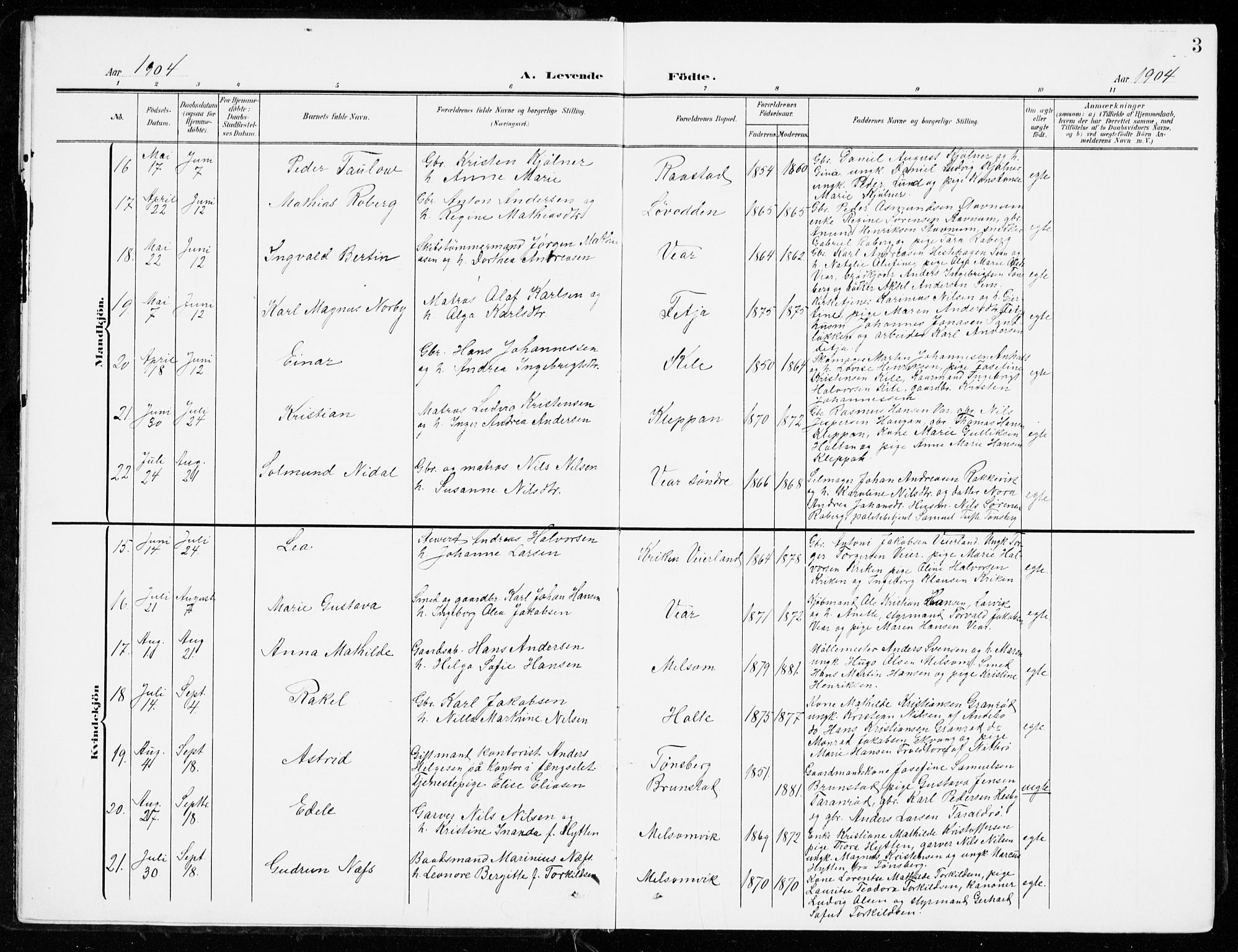 Stokke kirkebøker, AV/SAKO-A-320/G/Ga/L0001: Parish register (copy) no. I 1, 1904-1940, p. 3