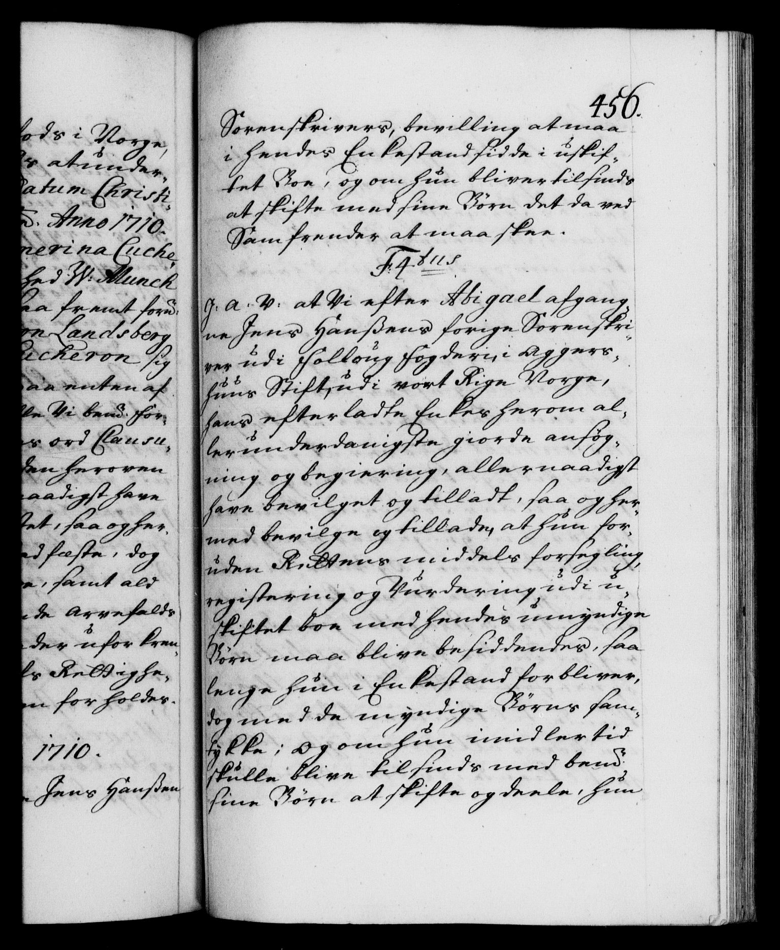 Danske Kanselli 1572-1799, AV/RA-EA-3023/F/Fc/Fca/Fcaa/L0020: Norske registre, 1708-1711, p. 456a