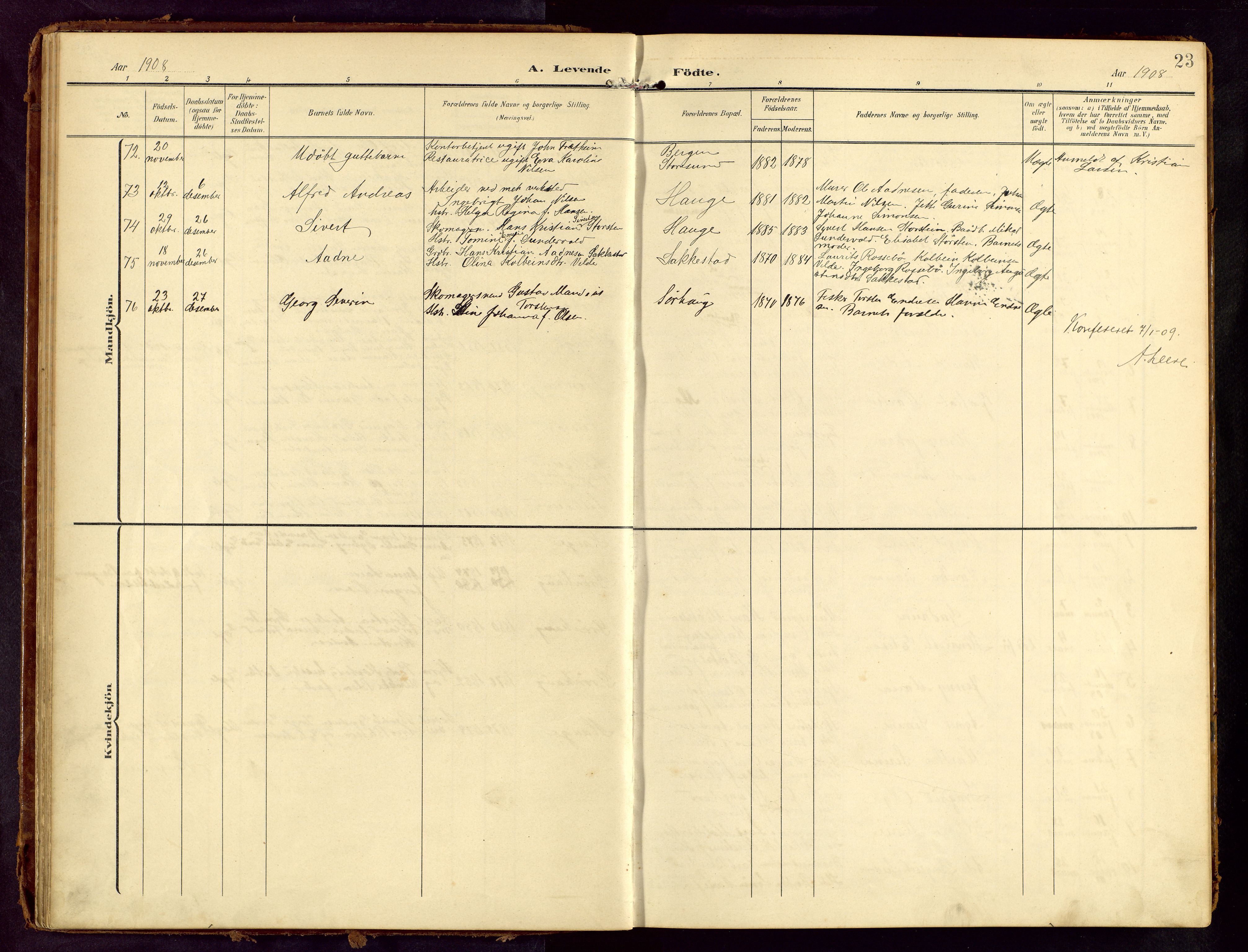 Haugesund sokneprestkontor, SAST/A -101863/H/Ha/Hab/L0006: Parish register (copy) no. B 6, 1906-1944, p. 23