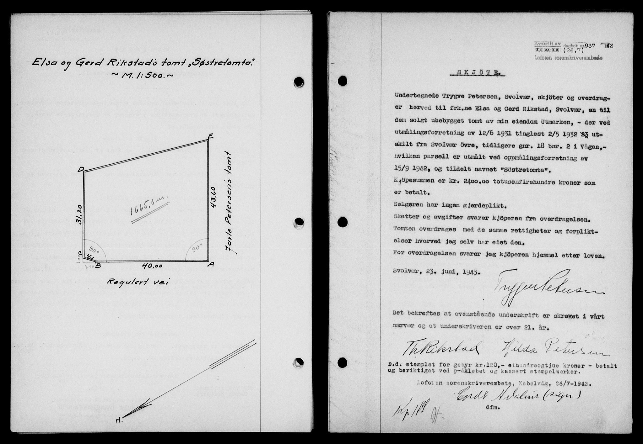 Lofoten sorenskriveri, SAT/A-0017/1/2/2C/L0011a: Mortgage book no. 11a, 1943-1943, Diary no: : 937/1943