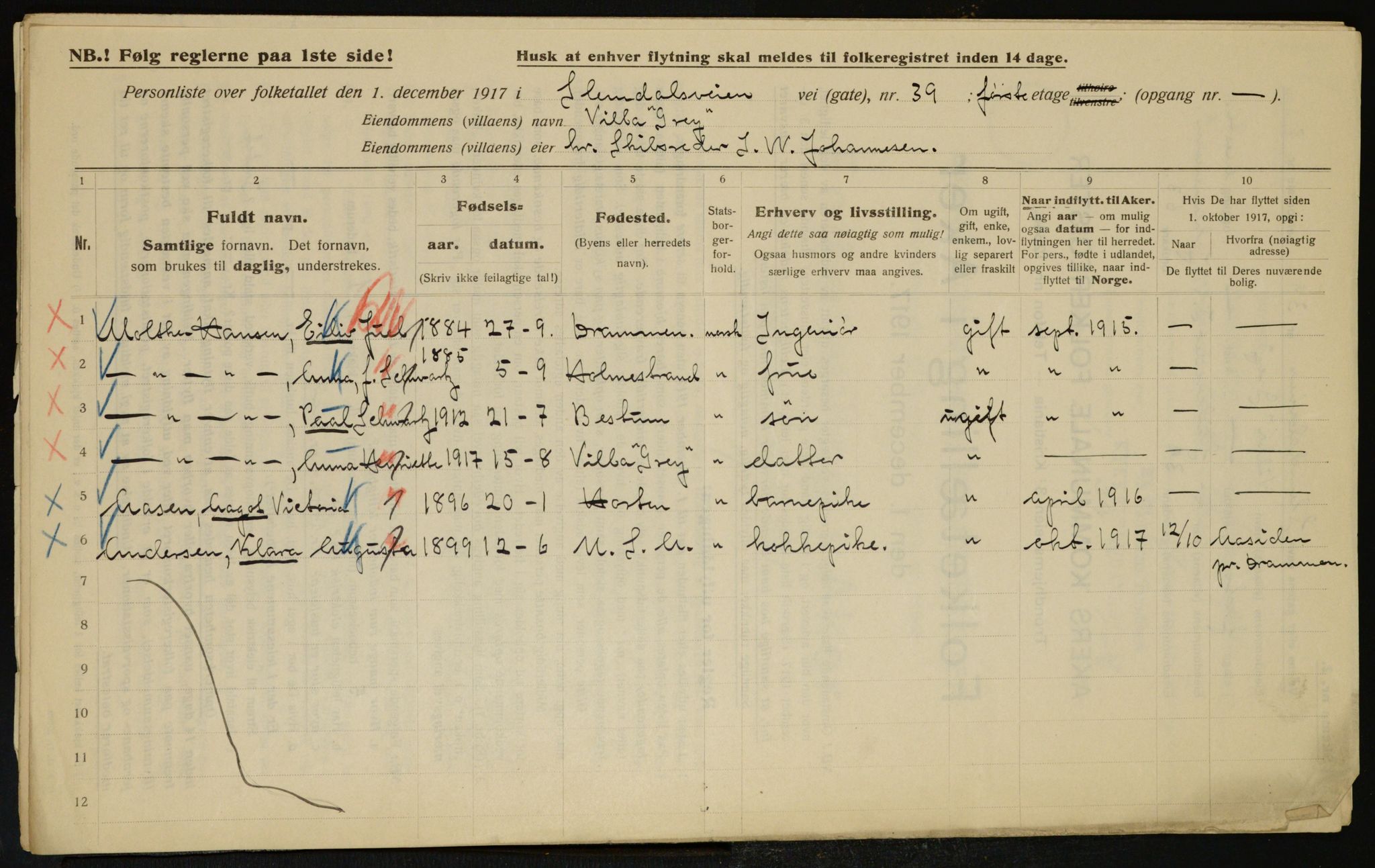 OBA, Municipal Census 1917 for Aker, 1917, p. 9605