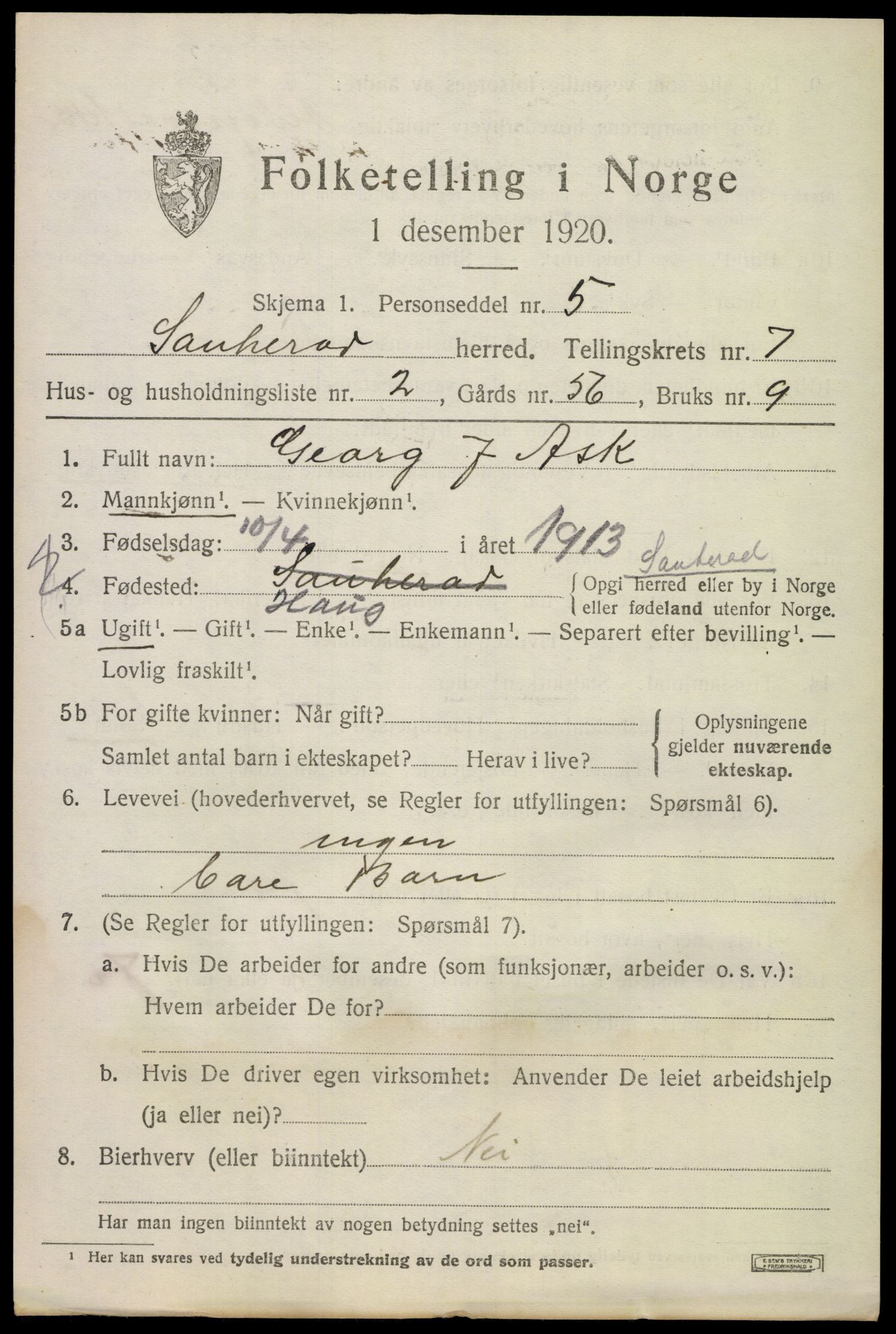 SAKO, 1920 census for Sauherad, 1920, p. 5619