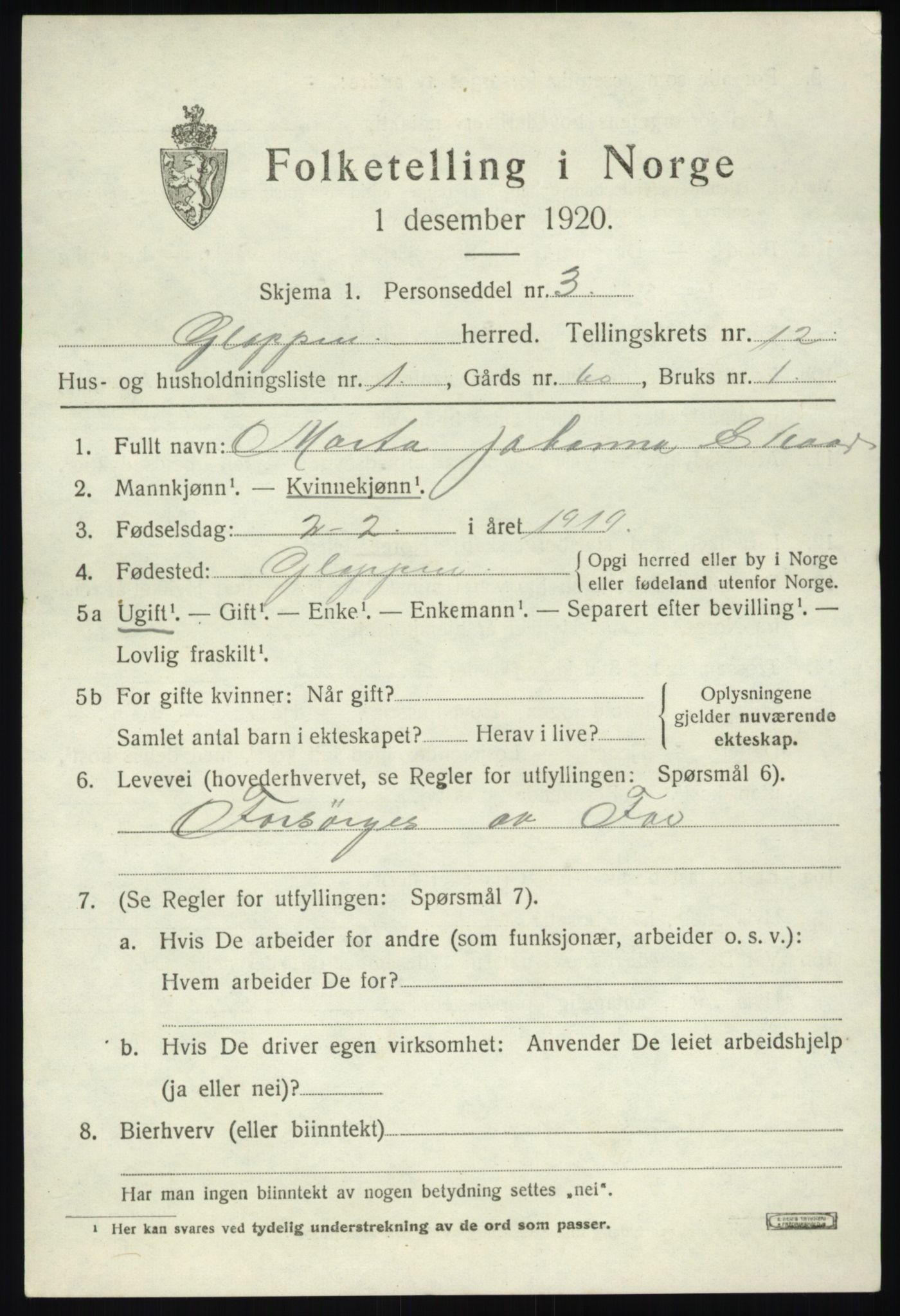 SAB, 1920 census for Gloppen, 1920, p. 6072