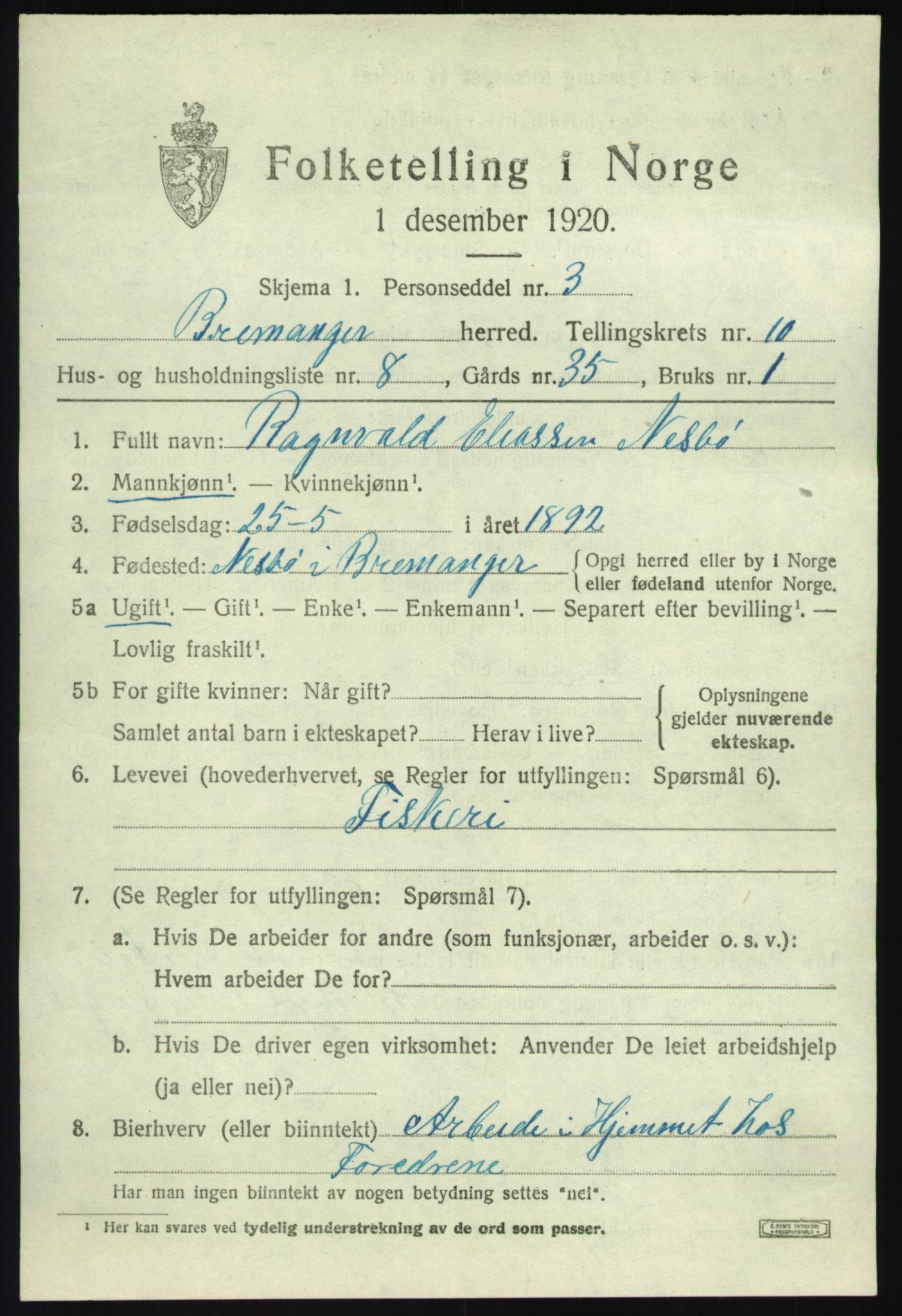 SAB, 1920 census for Bremanger, 1920, p. 5508