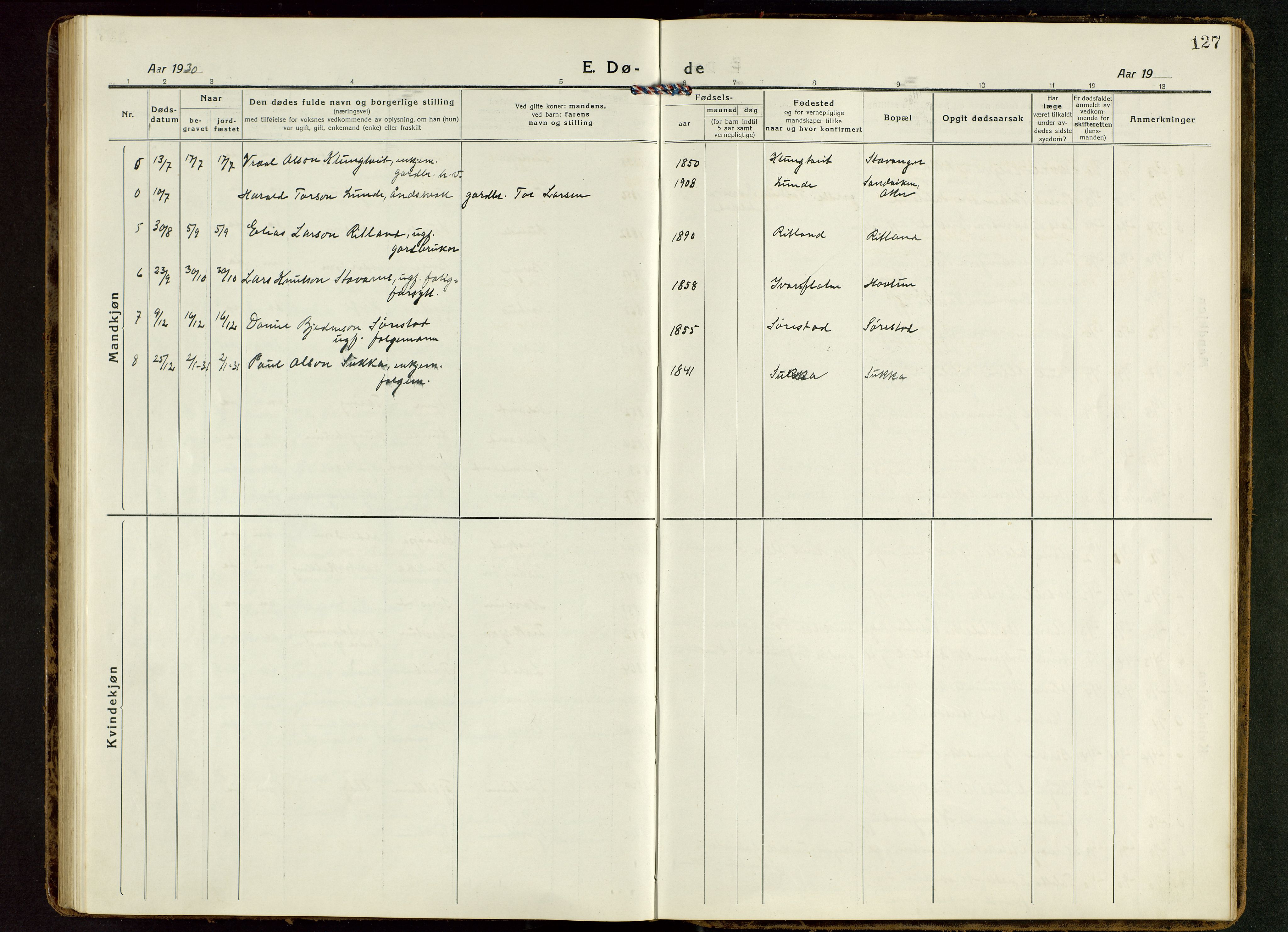 Suldal sokneprestkontor, SAST/A-101845/01/V/L0007: Parish register (copy) no. B 7, 1917-1946, p. 127