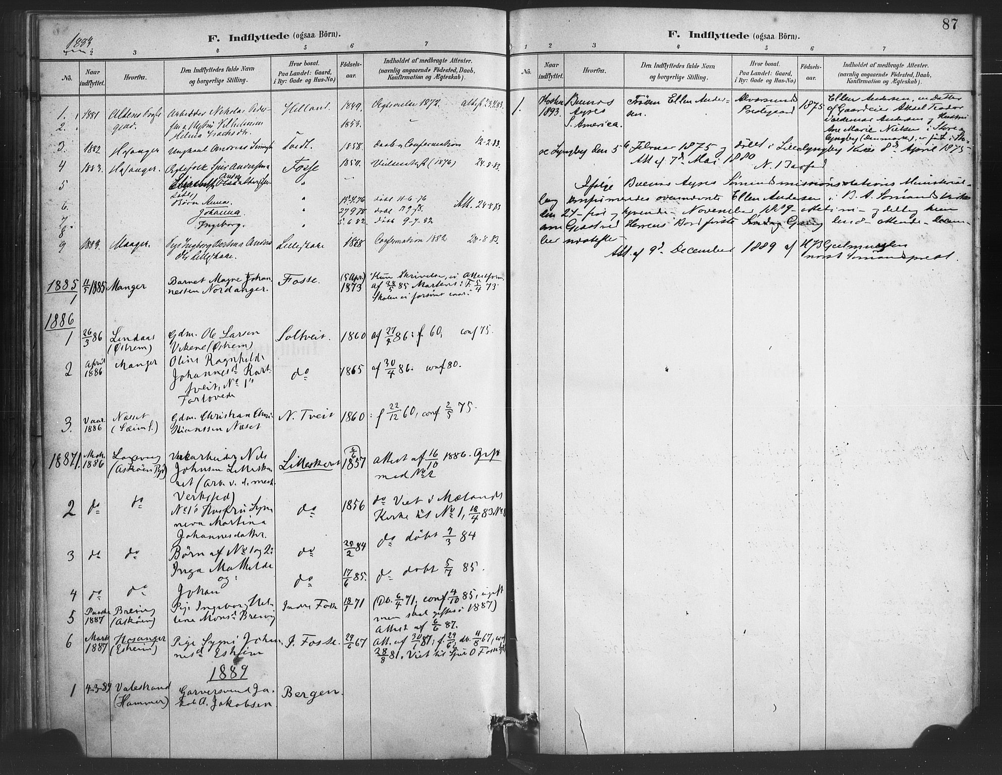 Alversund Sokneprestembete, AV/SAB-A-73901/H/Ha/Haa/Haaa/L0001: Parish register (official) no. A 1, 1882-1896, p. 87